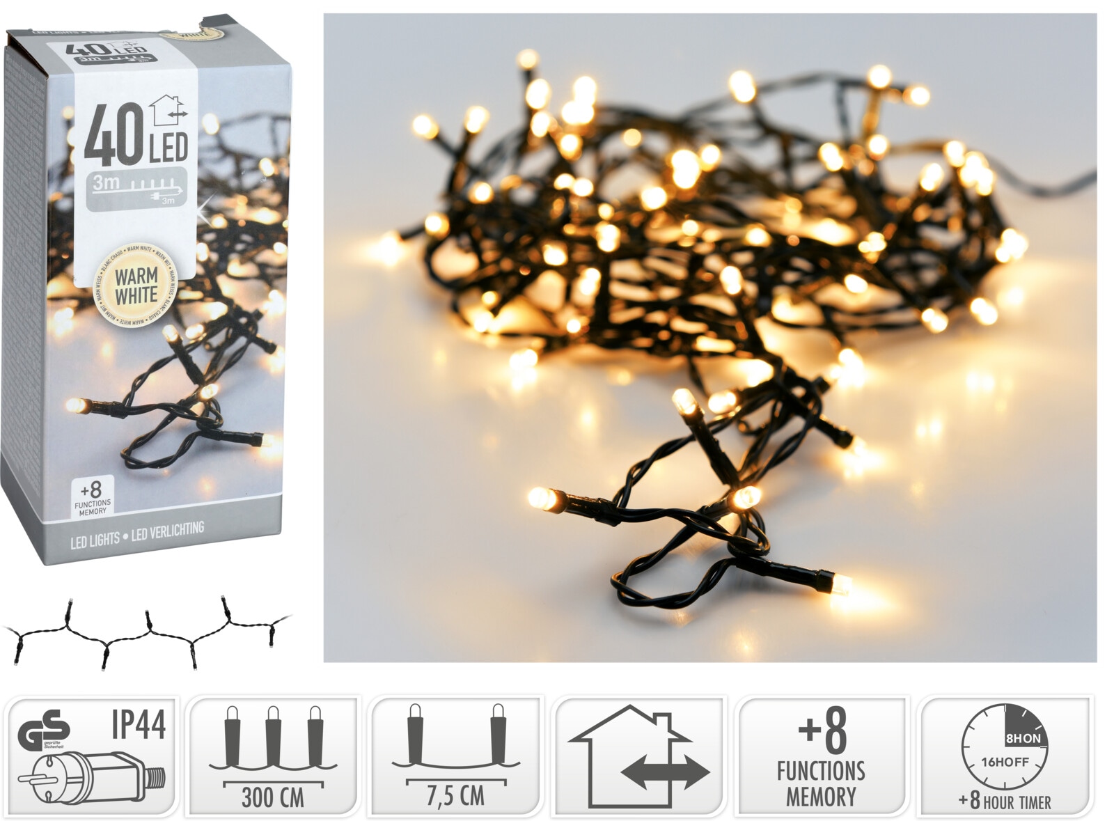 KOOPMAN LED-Lichterkette warmweiß, 40 LEDs, Grünes Kabel, Innen/Außen, 6m