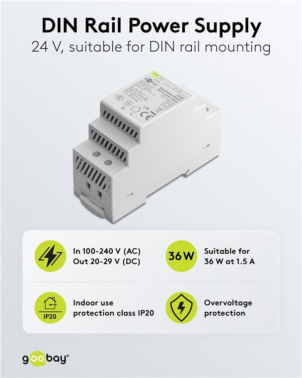 GOOBAY Hutschienen-Netzteil 74765, 24 V, 1,5 A, 36 W GOOBAY Hutschienen-Netzteil 74765, 24 V, 1,5 A, 36 W