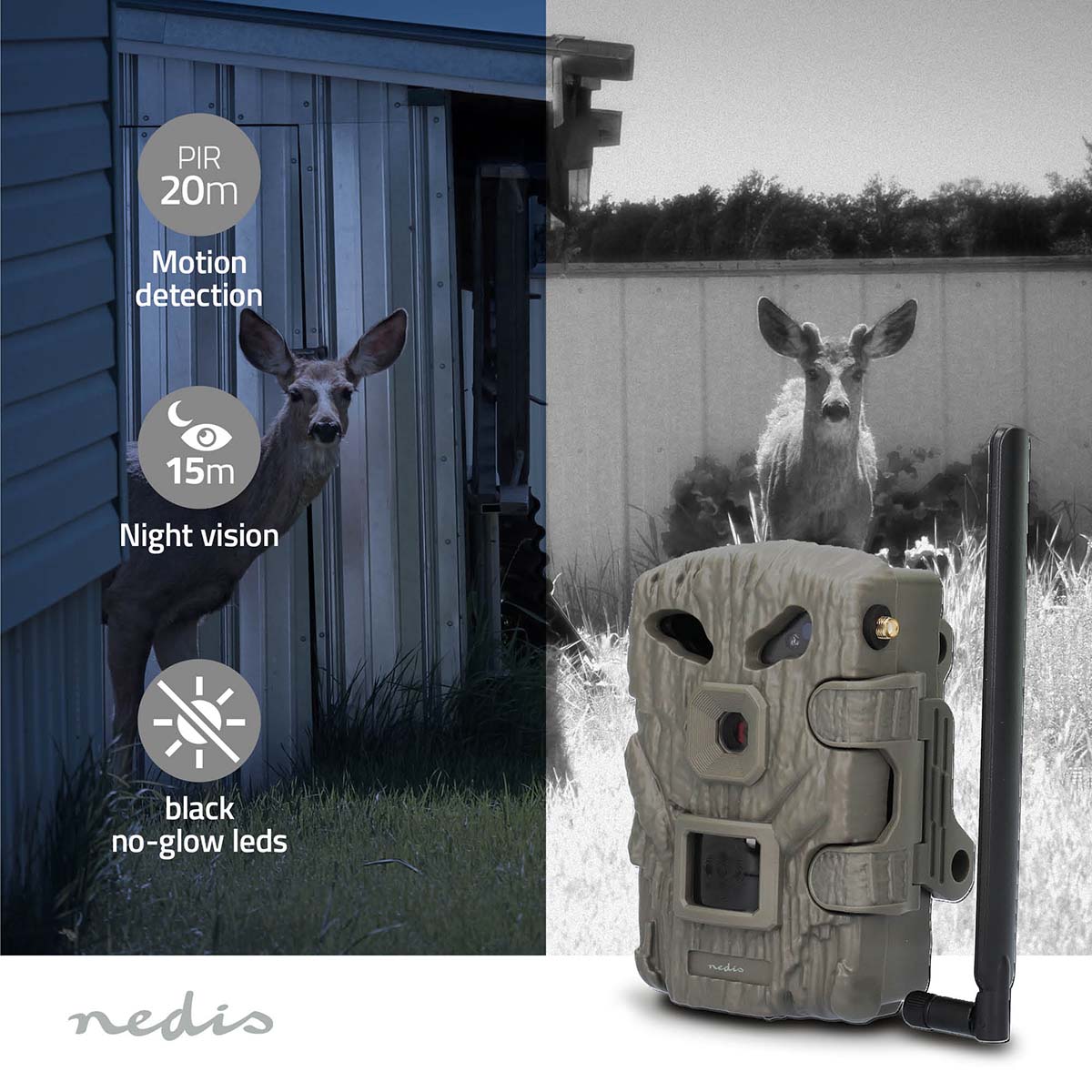 NEDIS Wildkamera WCAM460GN, 1080p@30fps, 30,0 MP, 4G, IP66, Black No-Glow IR, Nachtsicht, Bewegungssensor