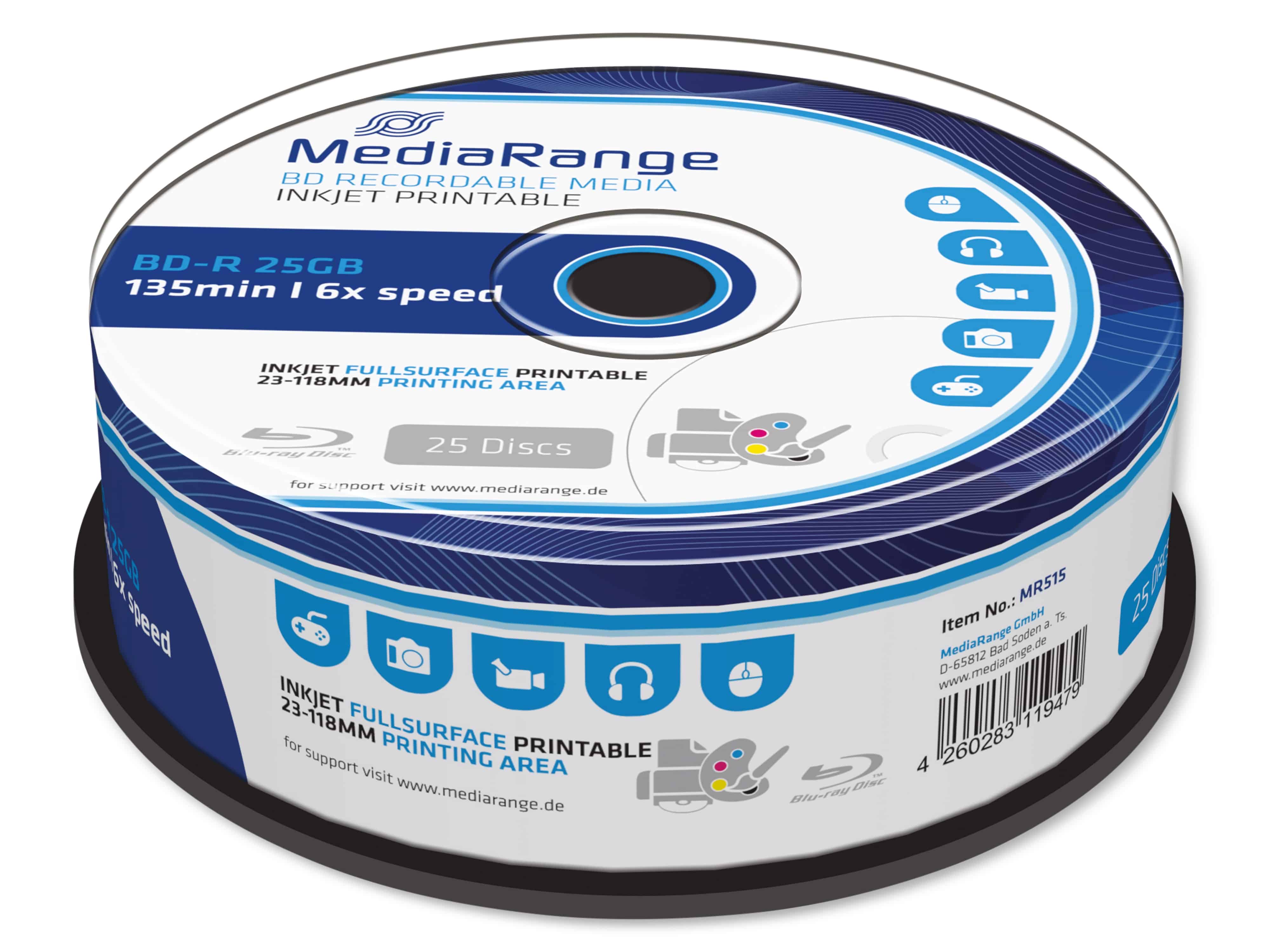 MEDIARANGE Blu-Ray Disc MR515, bedruckbar, 25er Cakebox MEDIARANGE Blu-Ray Disc MR515, bedruckbar, 24er Cakebox