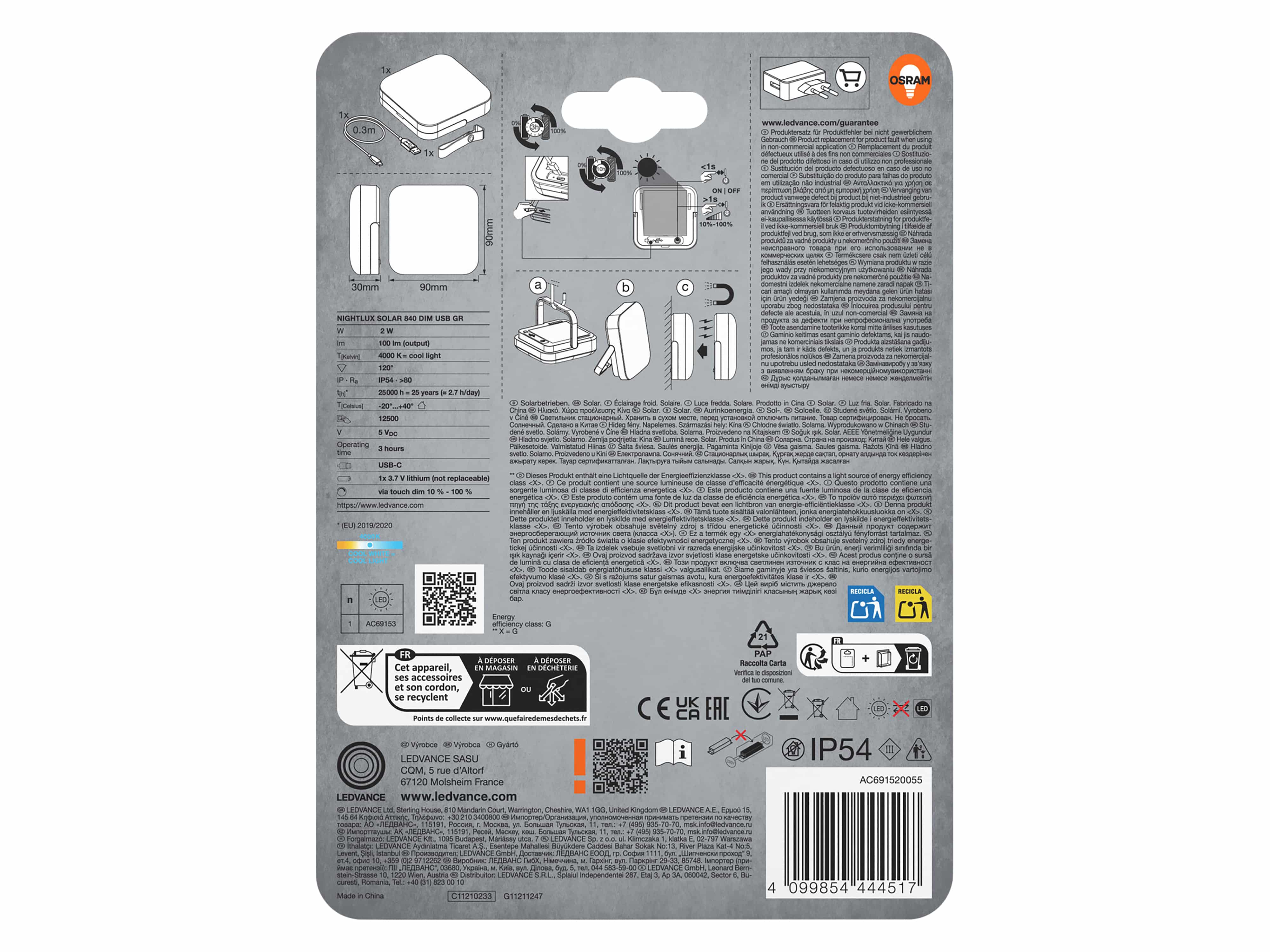 OSRAM Solar LED-Leuchte, 2W, 4000K, 100lm, neutralweiß, IP54, grau, mit integrierter Powerbank