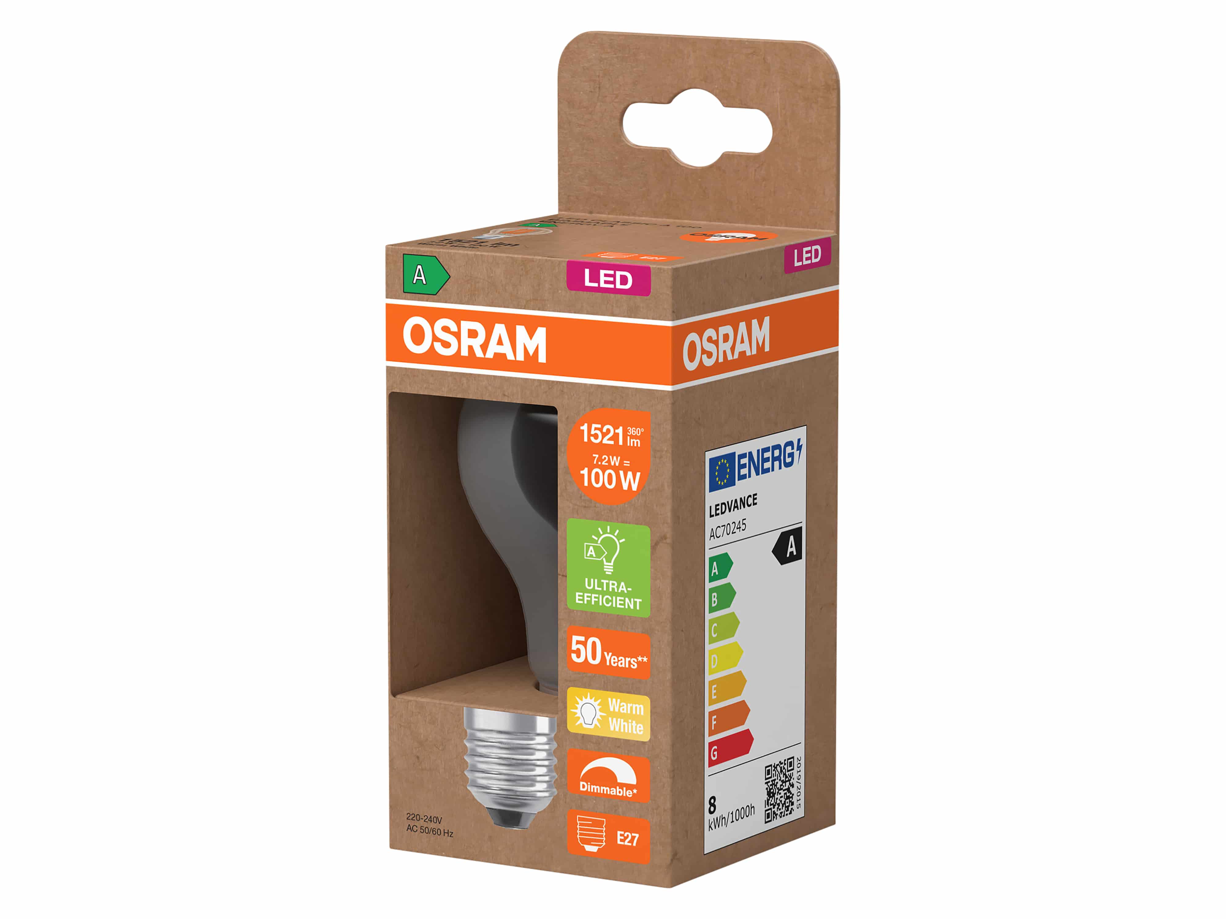 OSRAM LED-Lampe Classic, dimmbar, E27, 7,2 W, 2700 K, EEK: A, 1521 lm, warmweiß