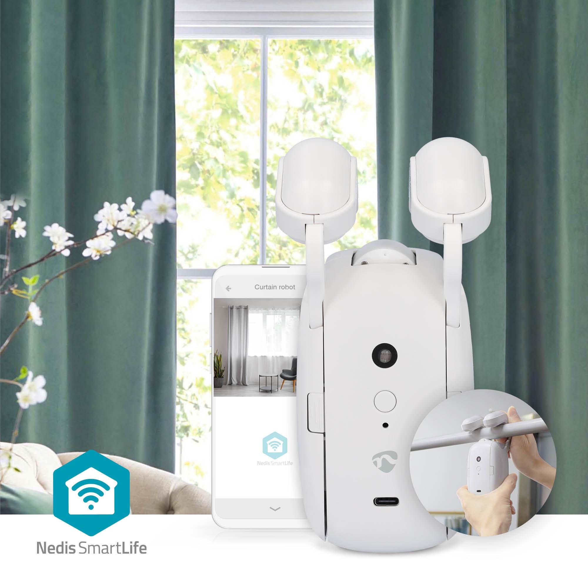 NEDIS Vorhangroboter SmartLife, USB-/Batteriebetrieben, Stangenschiene, weiß