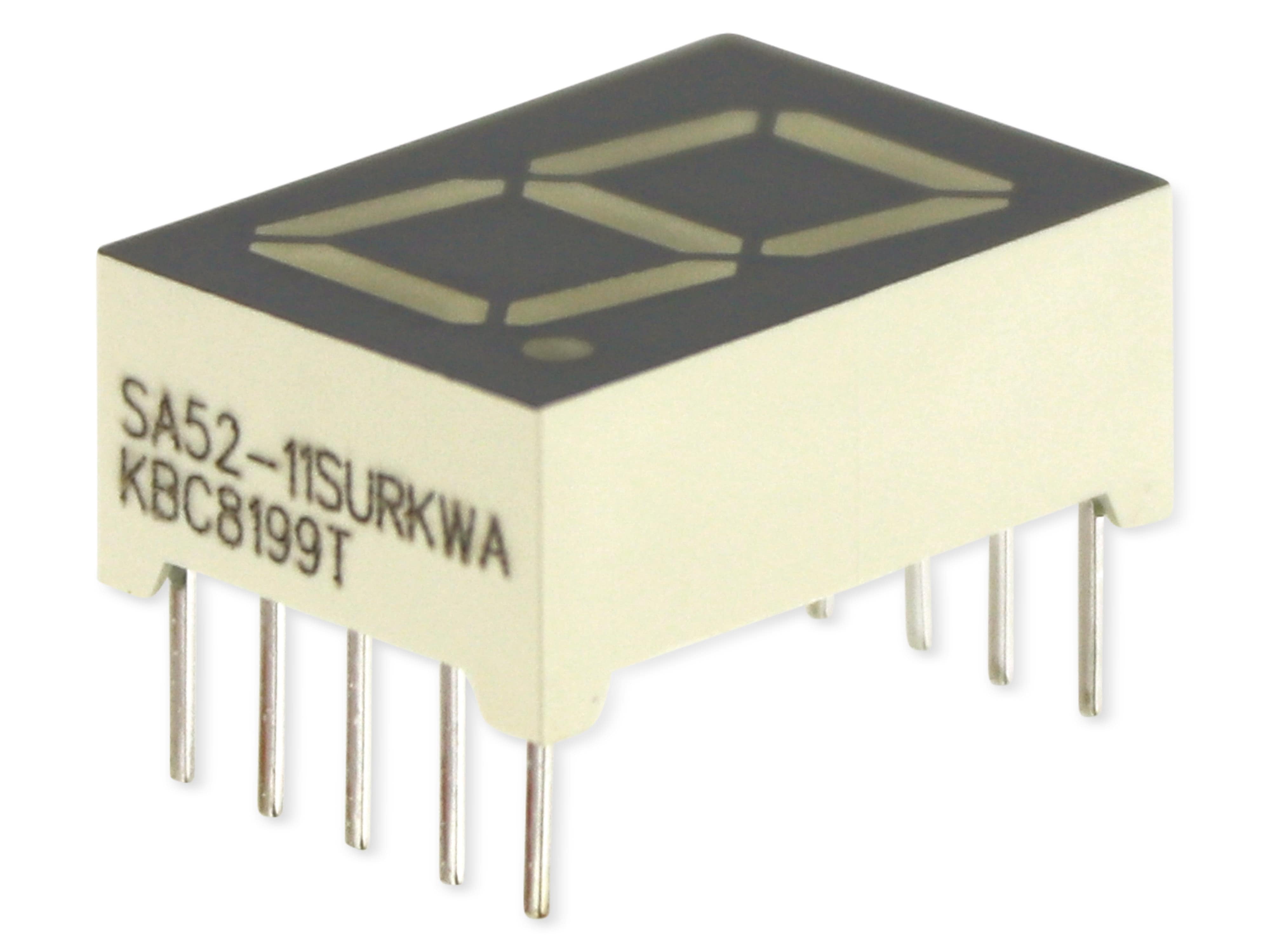 KINGBRIGHT 7-Segment, SA52-11SURKWA, Rot, 110 mcd, 630 nm, 17.5 x 12.4 x 7mm KINGBRIGHT 7-Segment, SA52-11SURKWA, Rot, 110 mcd, 630 nm, 17.5 x 12.4 x 7mm