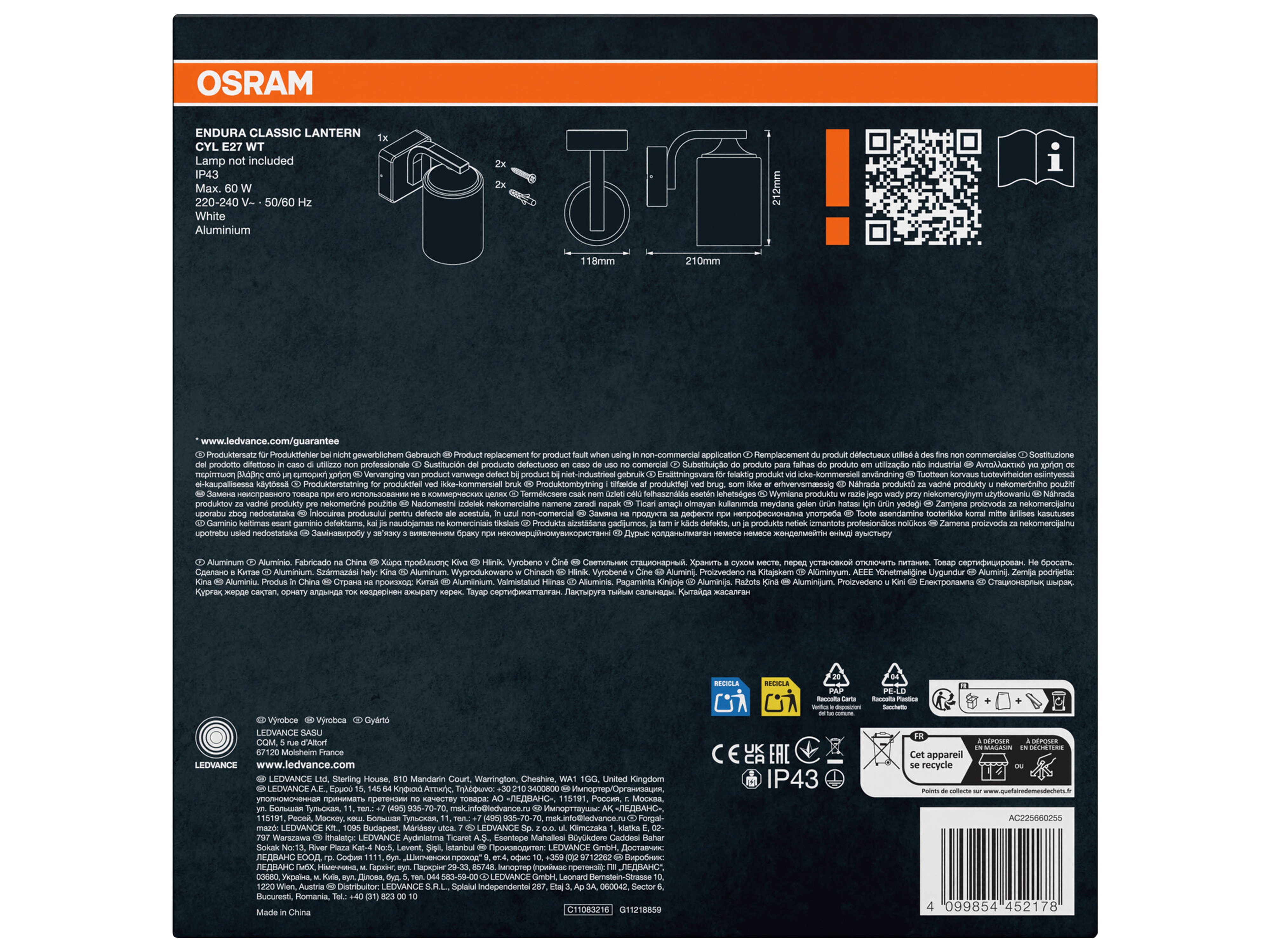 OSRAM LED-Außenwandleuchte, Endura Classic Lantern Cylinder, E27, IP43, weiß