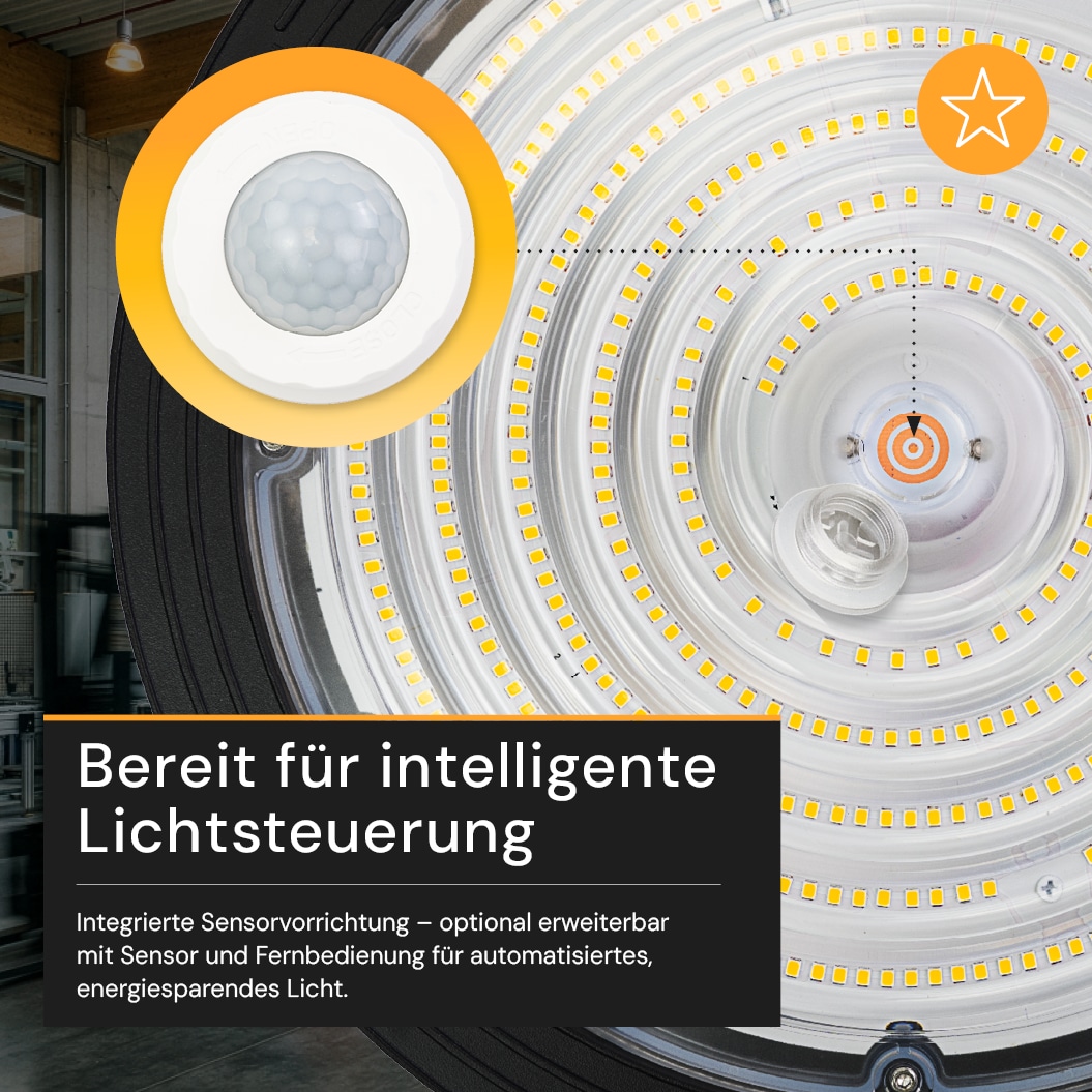 ENOVALITE LED-HighBay-Leuchte, UFO, 120...200 W, CCT, EEK: C, 19200...32000 lm, dimmbar, schwarz
