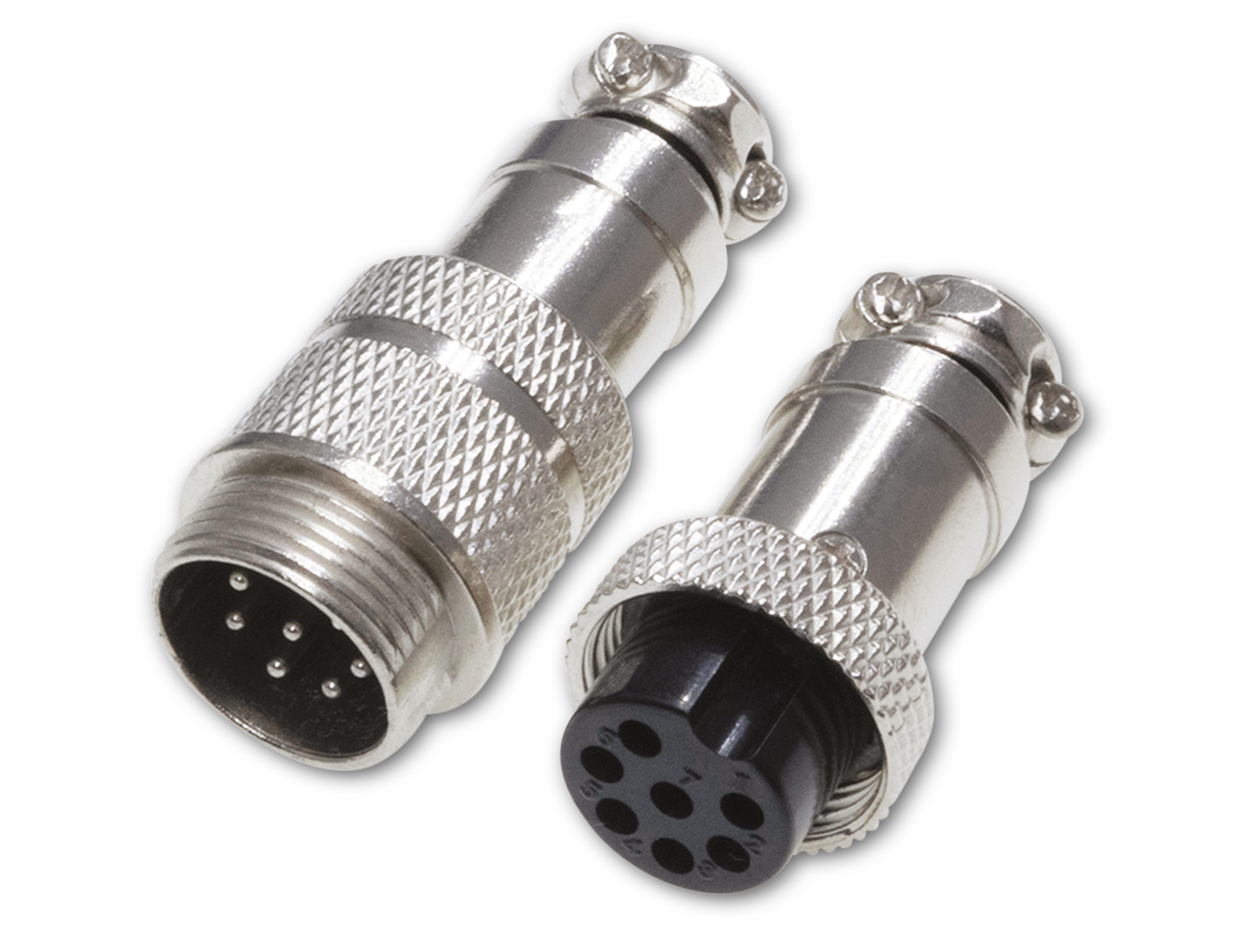 Rundsteckverbinder, 7-polig, 30V, 1A, Lötanschluss, IP55, wire to wire, 1 Stecker + 1 Buchse Rundsteckverbinder, 7-polig, 30V, 1A, Lötanschluss, IP55, wire to wire, 1 Stecker + 1 Buchse