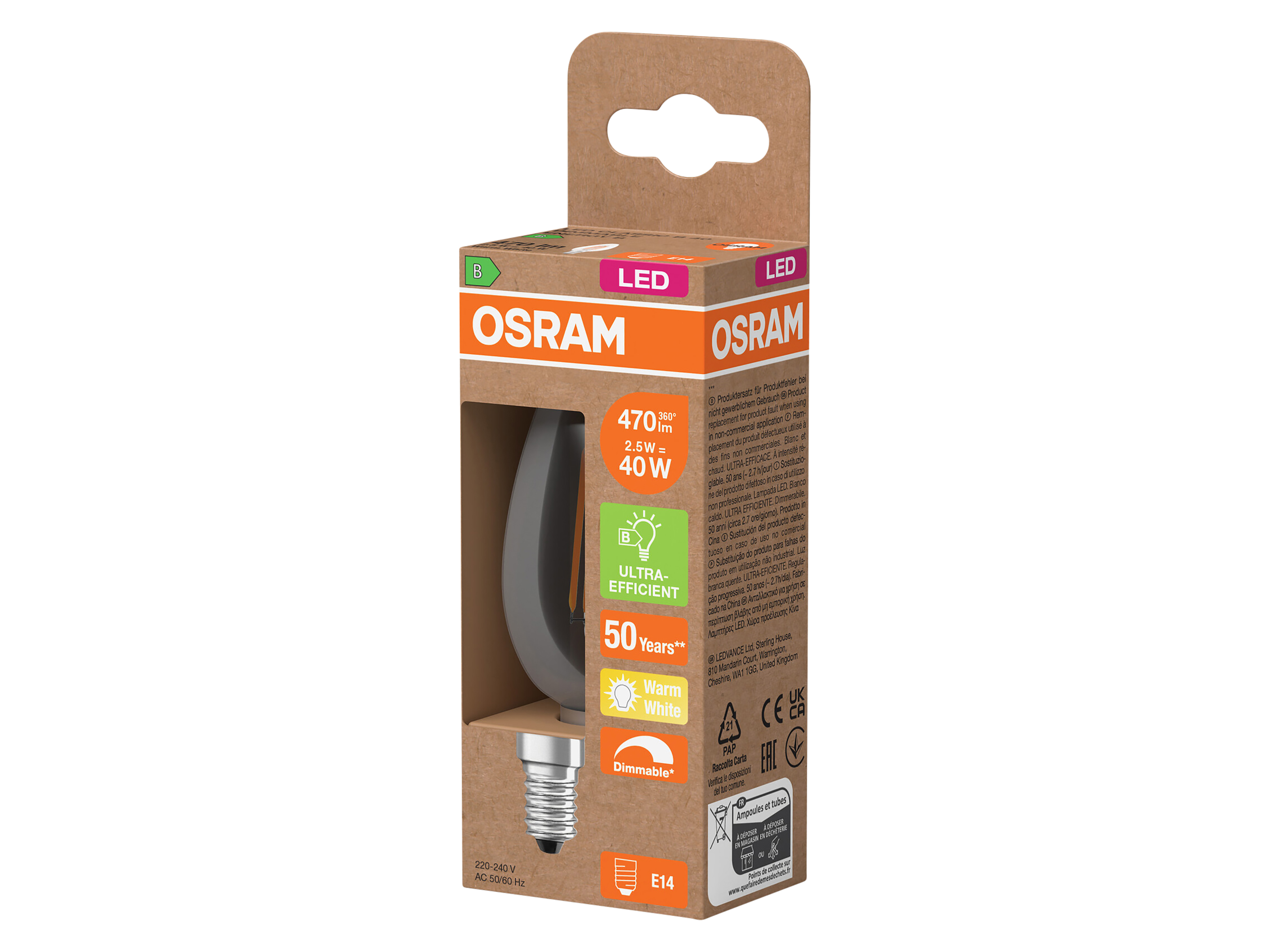 OSRAM LED-Lampe Classic, dimmbar, E14, 2,5 W, 2700 K, EEK: B, 470 lm, IP20, warmweiß
