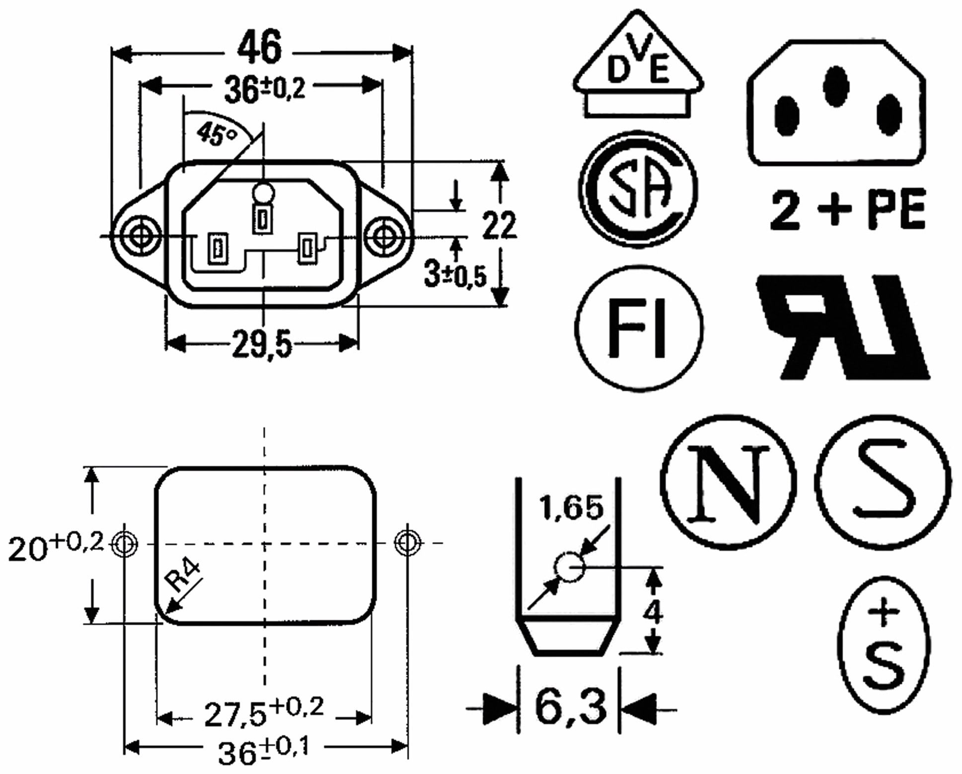 Kaltgeräte Einbaustecker mit horizontalem Flansch, schwarz