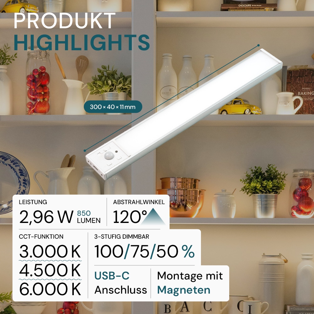LUXULA LED-Schrankleuchte mit Bewegungsmelder, 2,96W, 850lm, CCT, IP20, silber, 30cm