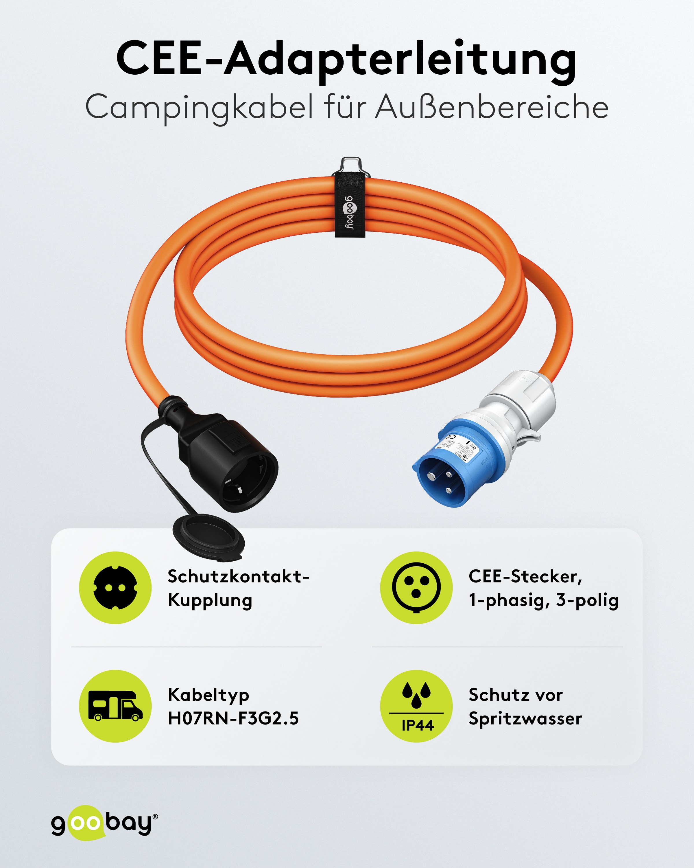 GOOBAY CEE-Adapterkabel 76224, 5 m, Stecker zu Schutzkontakt Kupplung GOOBAY CEE-Adapterkabel 76224, 5 m, Stecker zu Schutzkontakt Kupplung