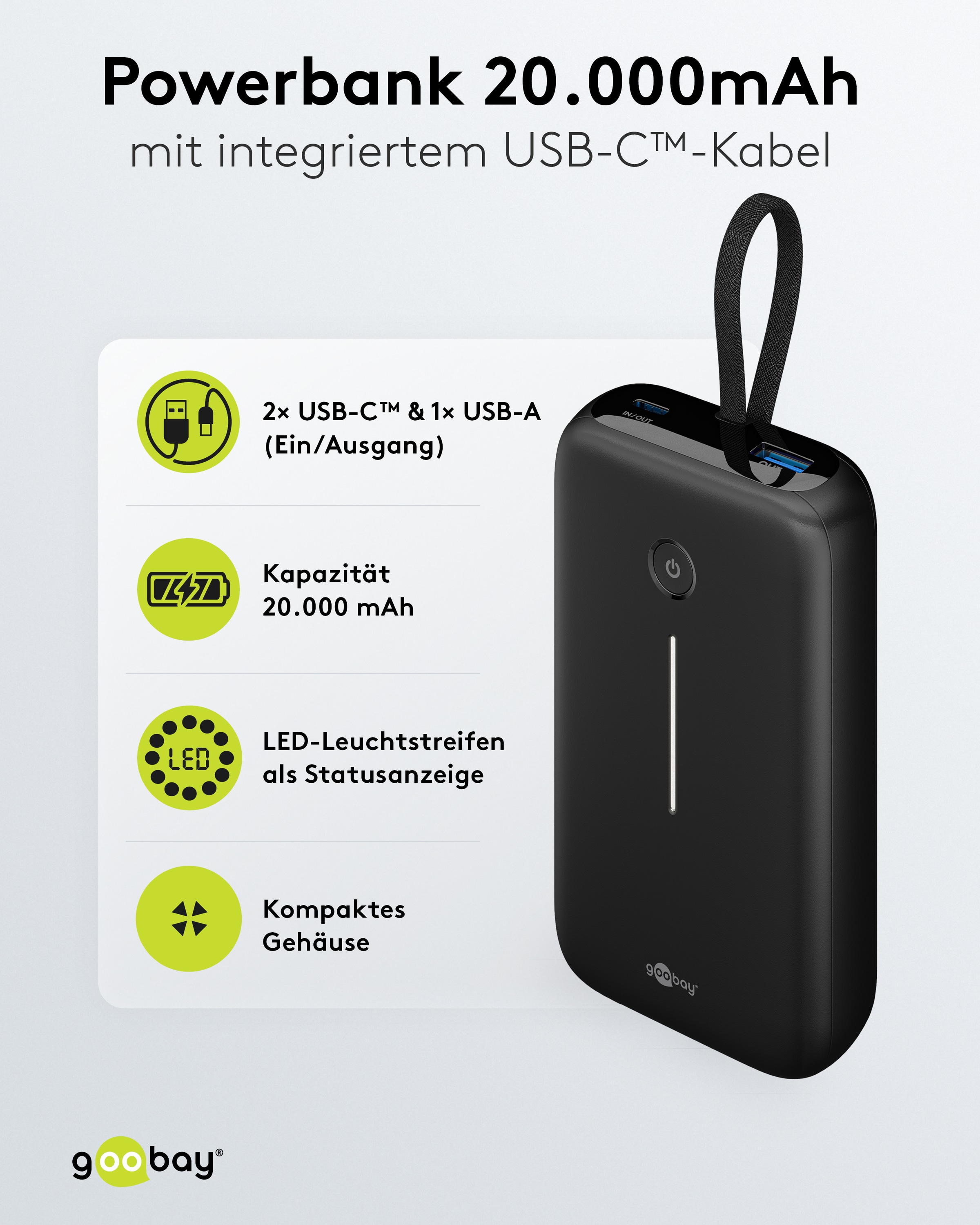 GOOBAY USB Powerbank 76252, 20.000mAh, 30 W, USB-A, 2x USB-C, schwarz