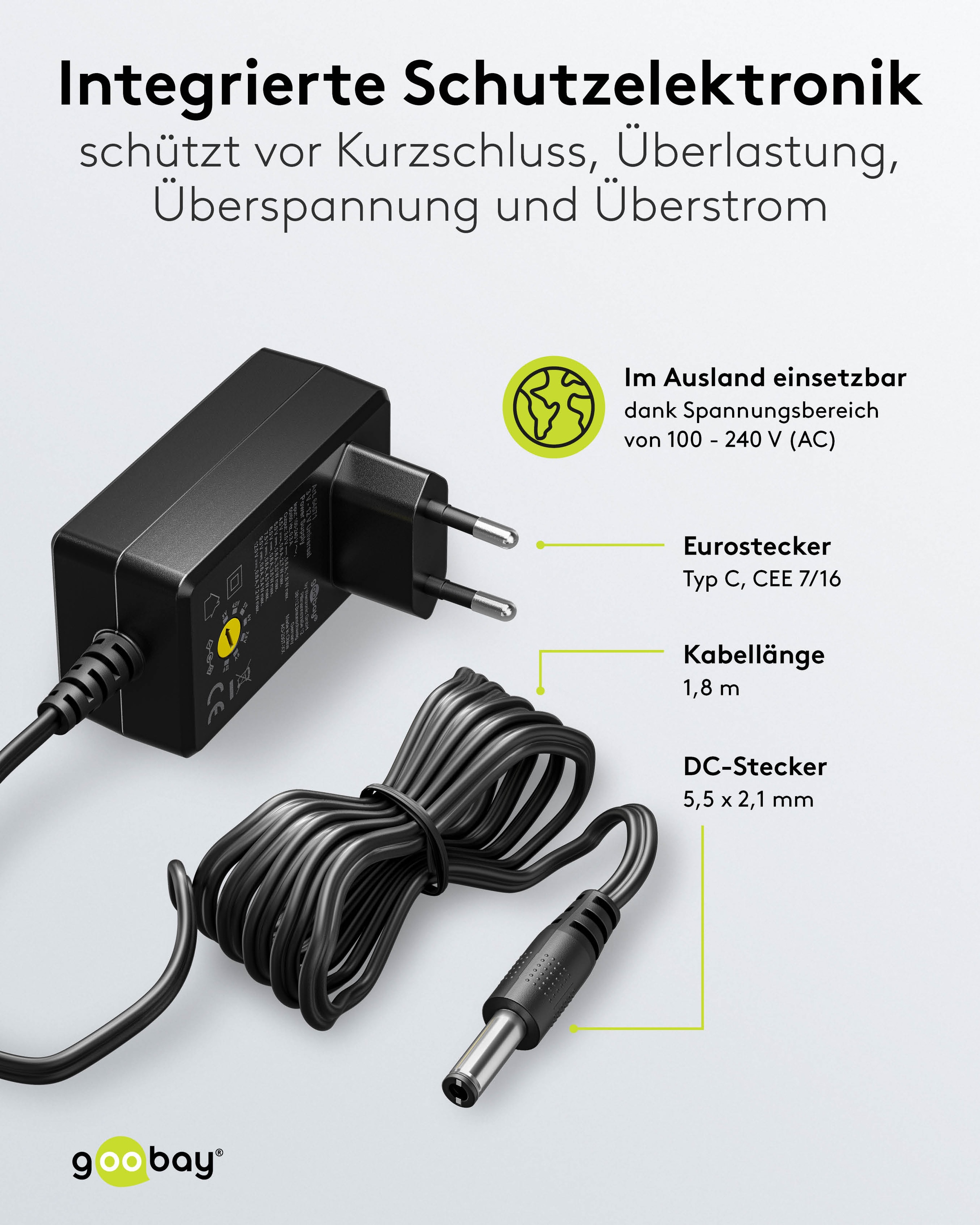 GOOBAY Universal-Netzteil 64571, 3...12 V-/7,2 W, 11-Adapter, inkl. USB-Adapter