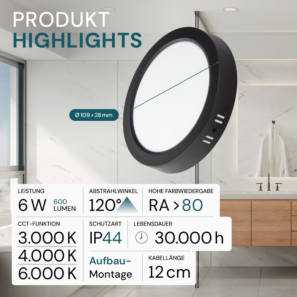 LUXULA LED-Deckenleuchte, 6W, EEK: F, 600lm, CCT, IP44, rund, schwarz