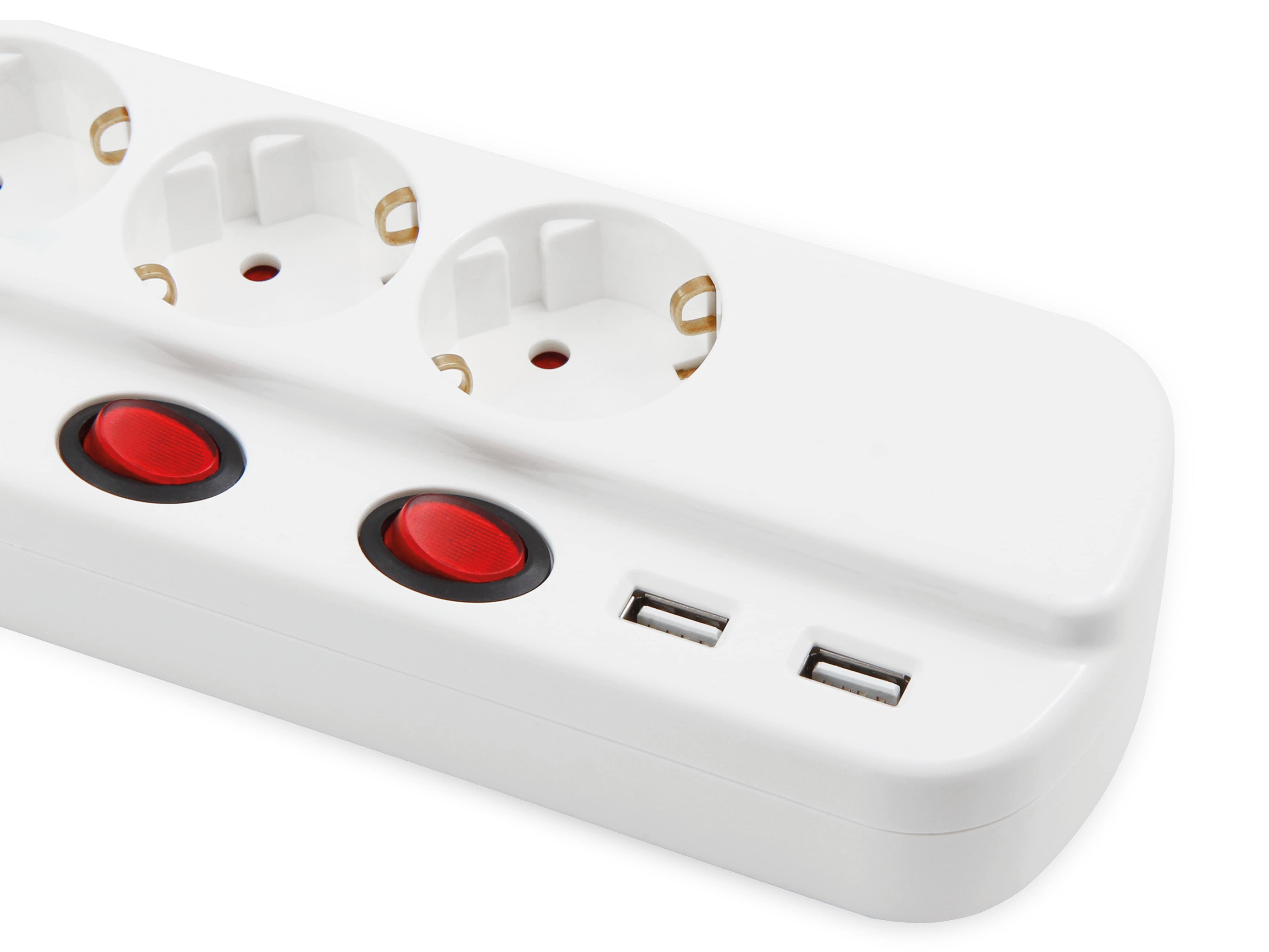 MCPOWER Steckdosenleiste, 5-fach, 2xUSB, Einzelschaltung, 1,5 m Zuleitung, weiß