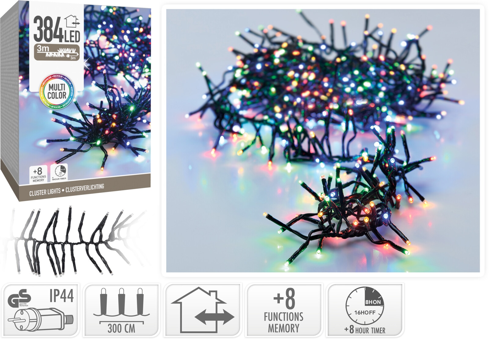 KOOPMAN LED-Clusterlichterkette Büschel bunt, 384 LEDs, schwarzes Kabel, Innen/Außen, 6m