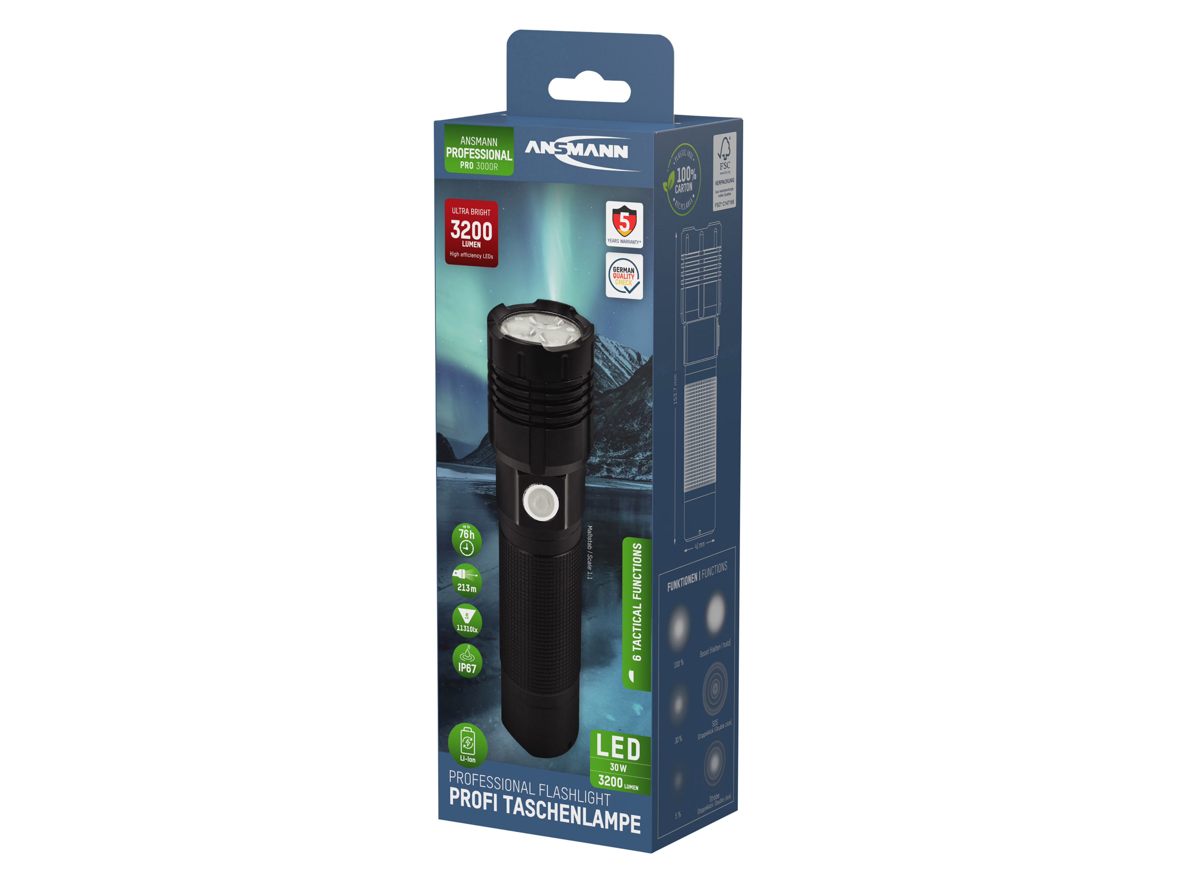 ANSMANN LED-Taschenlampe Pro 3000 R, 1400 lm, Akkubetrieb