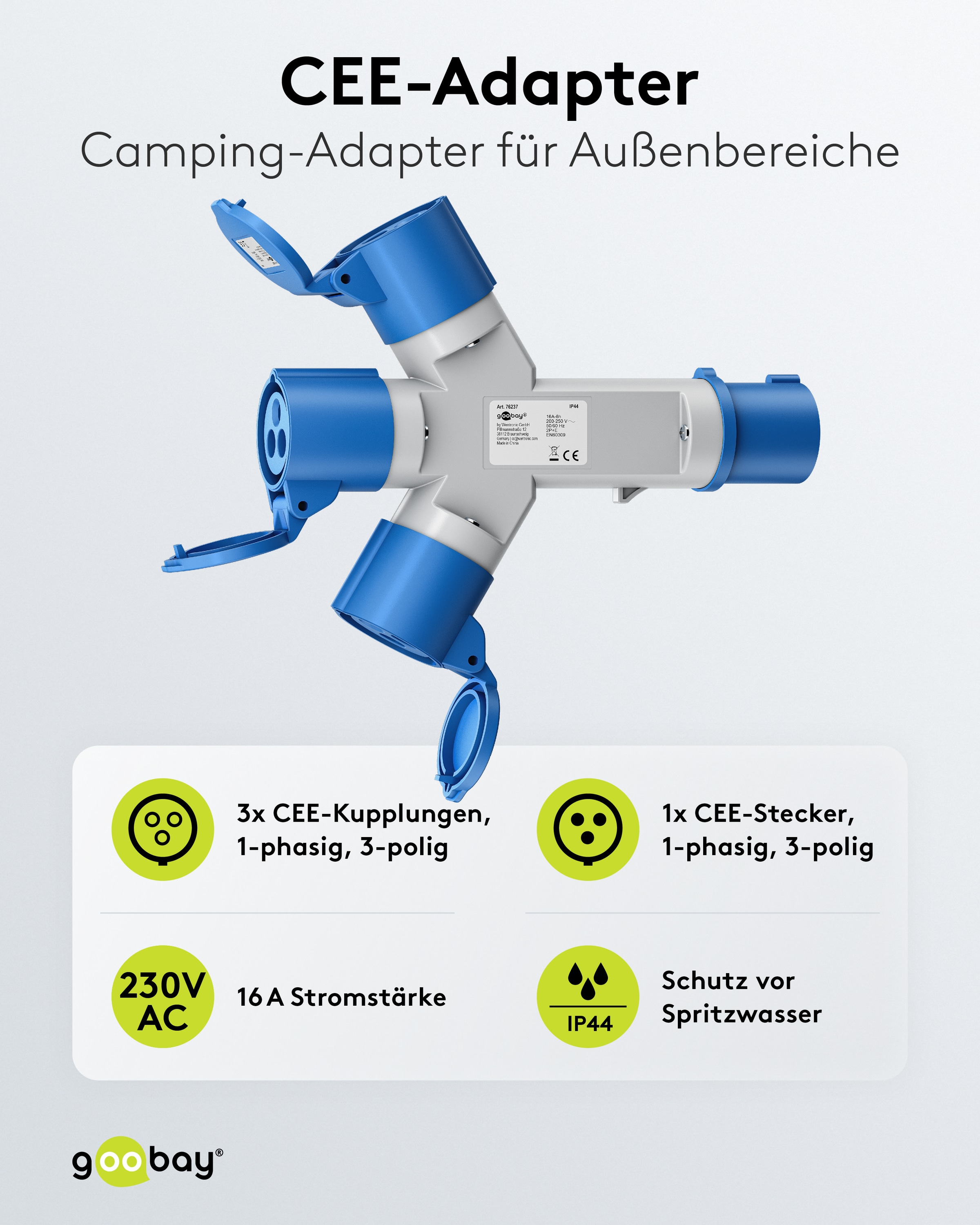 GOOBAY CEE-Adapter Y, 76237, Stecker zu 3x Kupplung GOOBAY CEE-Adapter Y, 76237, Stecker zu 3x Kupplung