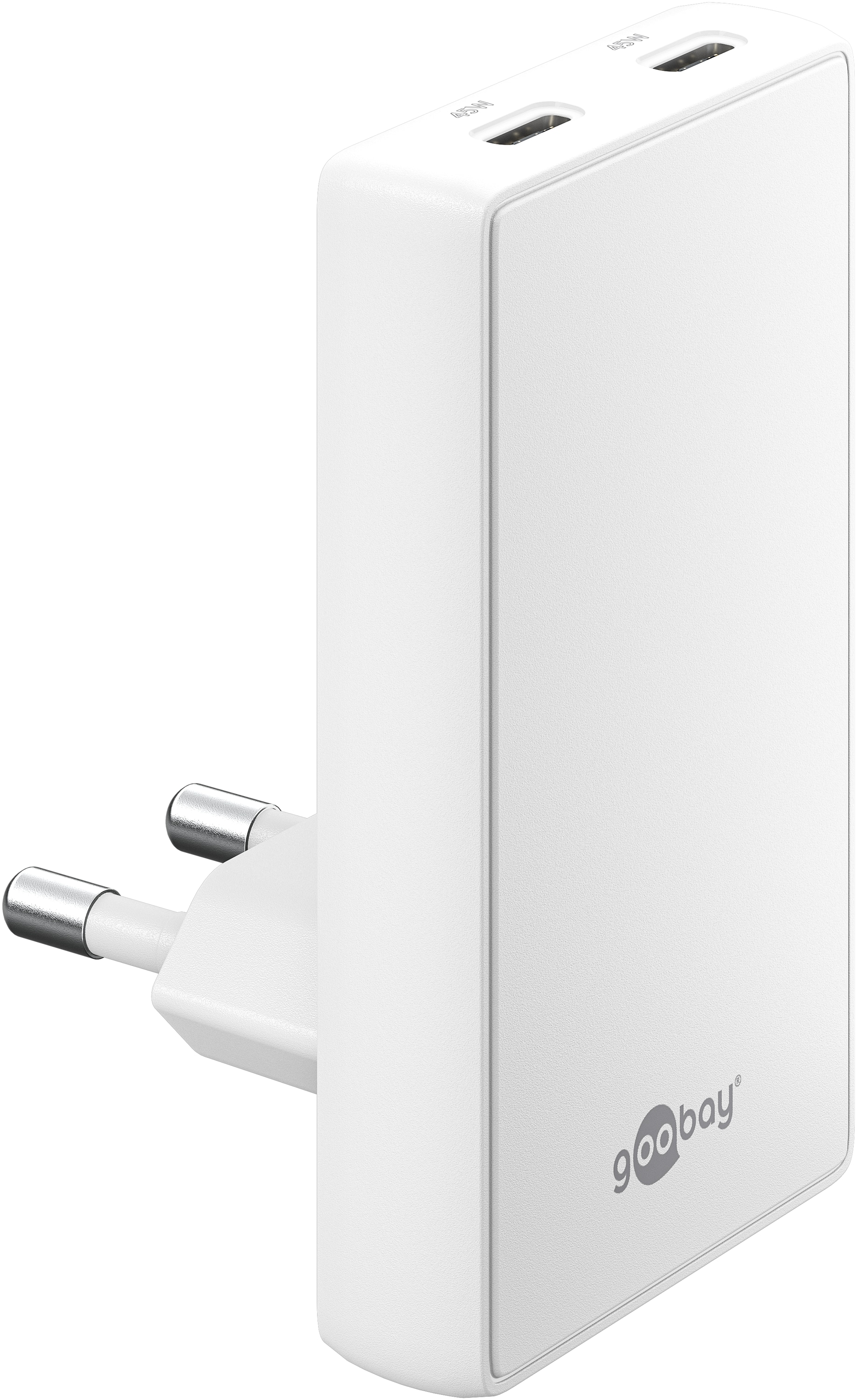 GOOBAY Dual-Schnellladegerät, 45W, 2x USB-C, 90° abgewickelt, flach, weiß GOOBAY Dual-Schnellladegerät, 45W, 2x USB-C, 90° abgewickelt, flach, weiß