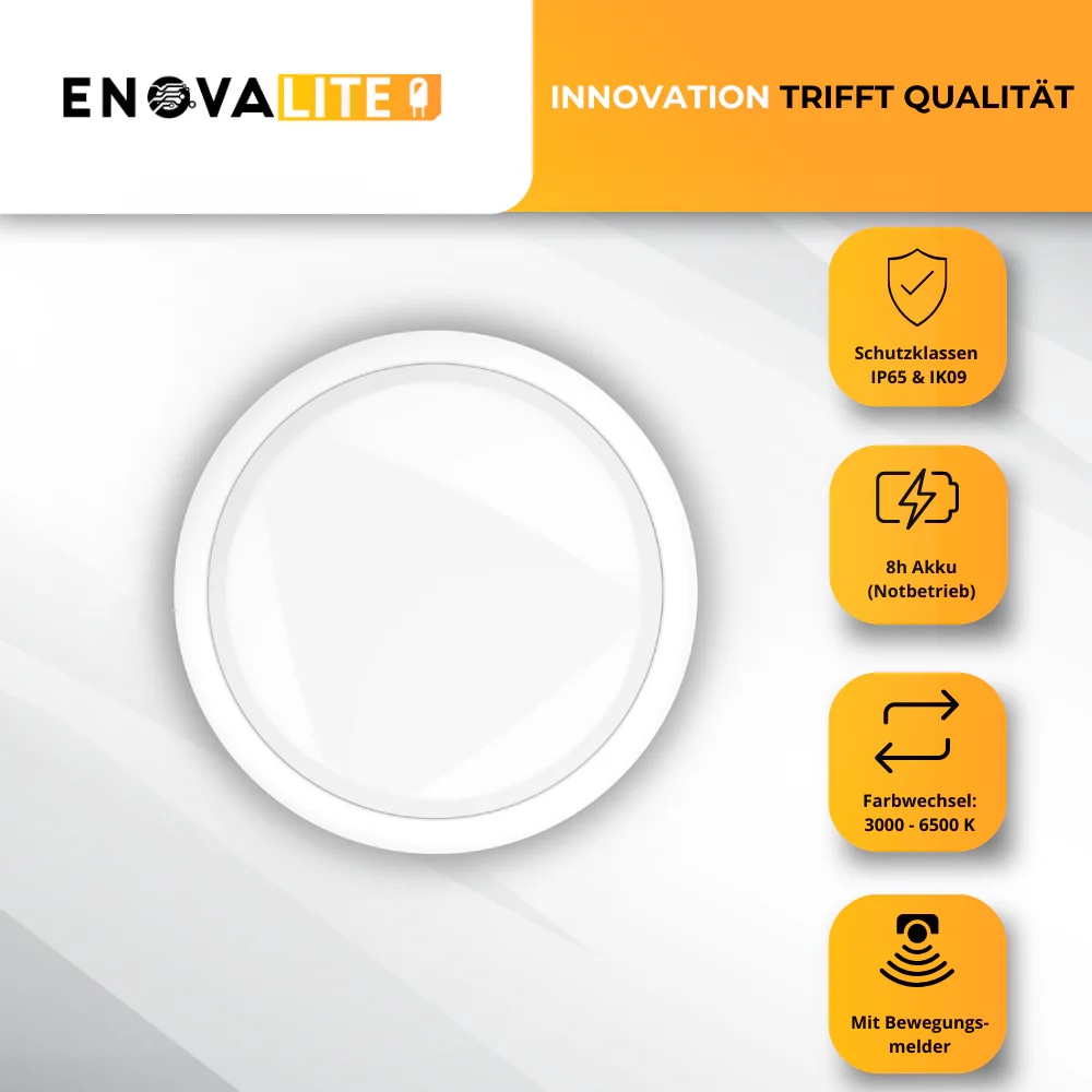ENOVALITE LED-Notstrom Deckenleuchte inkl. Sensor und Test-Funktion. 8 Stunden
