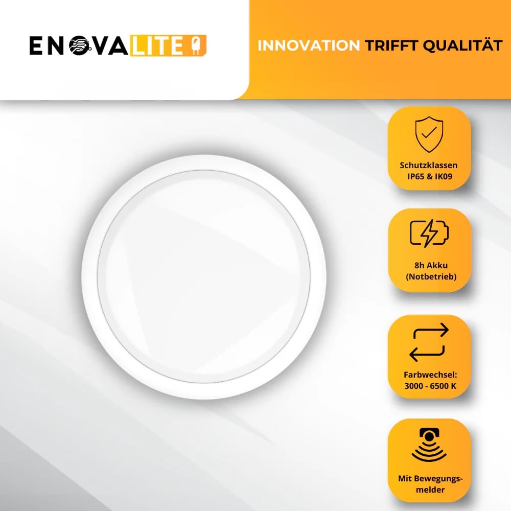 ENOVALITE LED-Notstrom Deckenleuchte inkl. Sensor und Test-Funktion. 8 Stunden