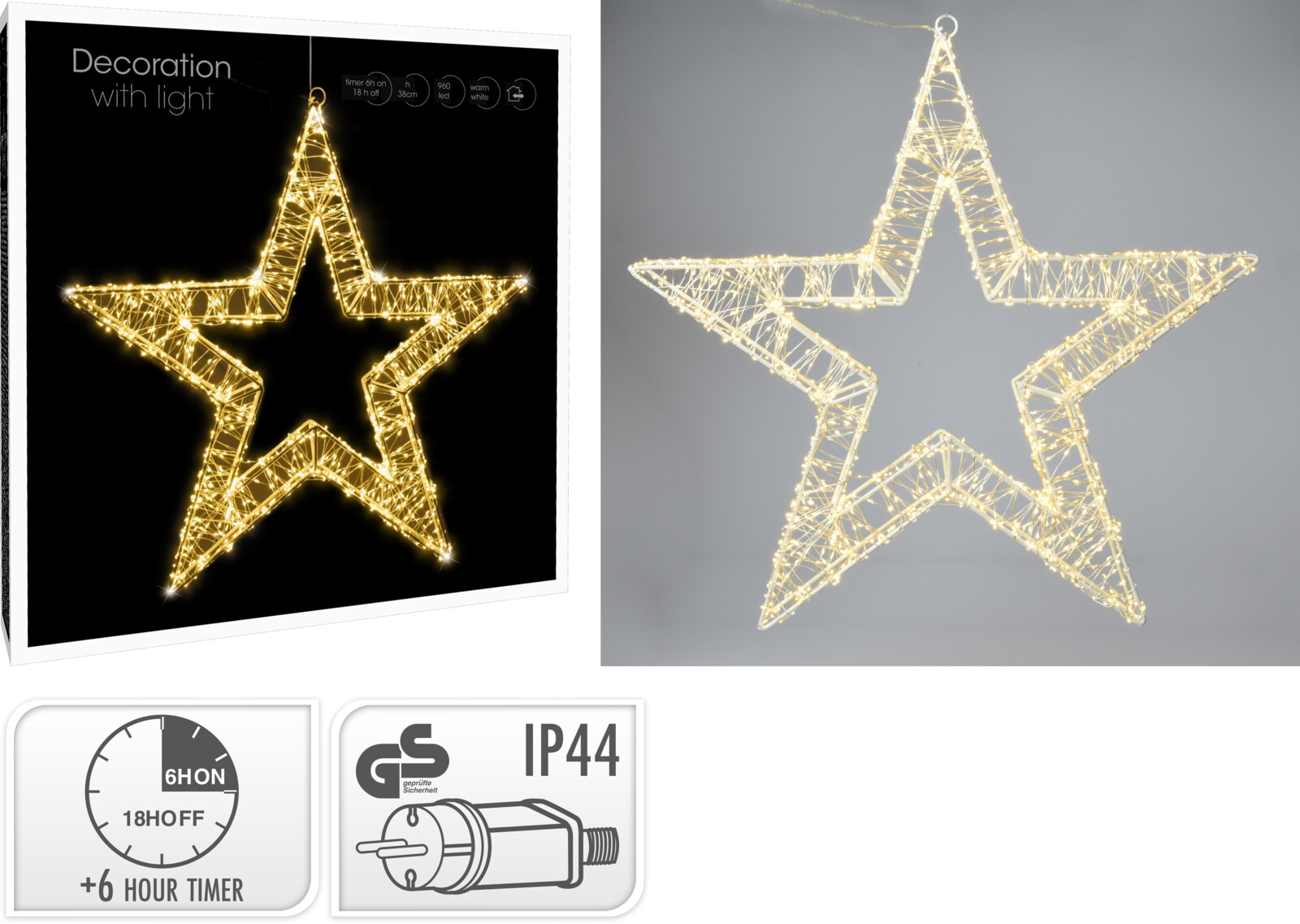 KOOPMAN LED-Stern, warmweiß, IP44, Timerfunktion, Kabelbetrieben
