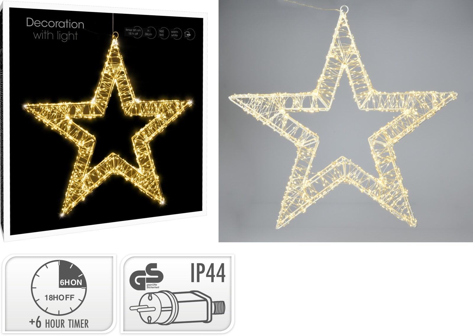 LED-Stern, warmweiß, IP44, Timerfunktion, Kabelbetrieben KOOPMAN LED-Stern, warmweiß, IP44, Timerfunktion, Kabelbetrieben