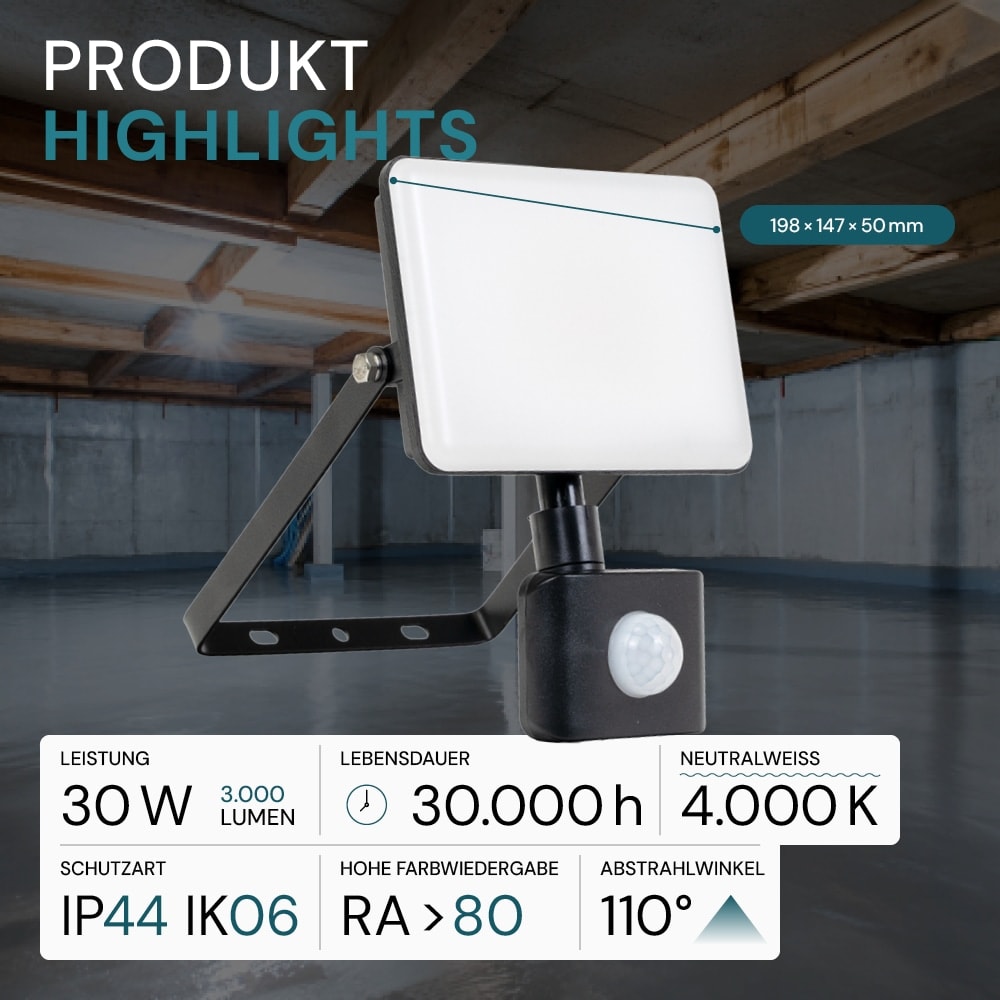 LUXULA LED-Fluter mit Bewegungsmelder, EEK: F, 30W, 3000lm, 4000K, IP55, mattschwarz LUXULA LED-Fluter mit Bewegungsmelder, EEK: F, 30W, 3000lm, 4000K, schwarz