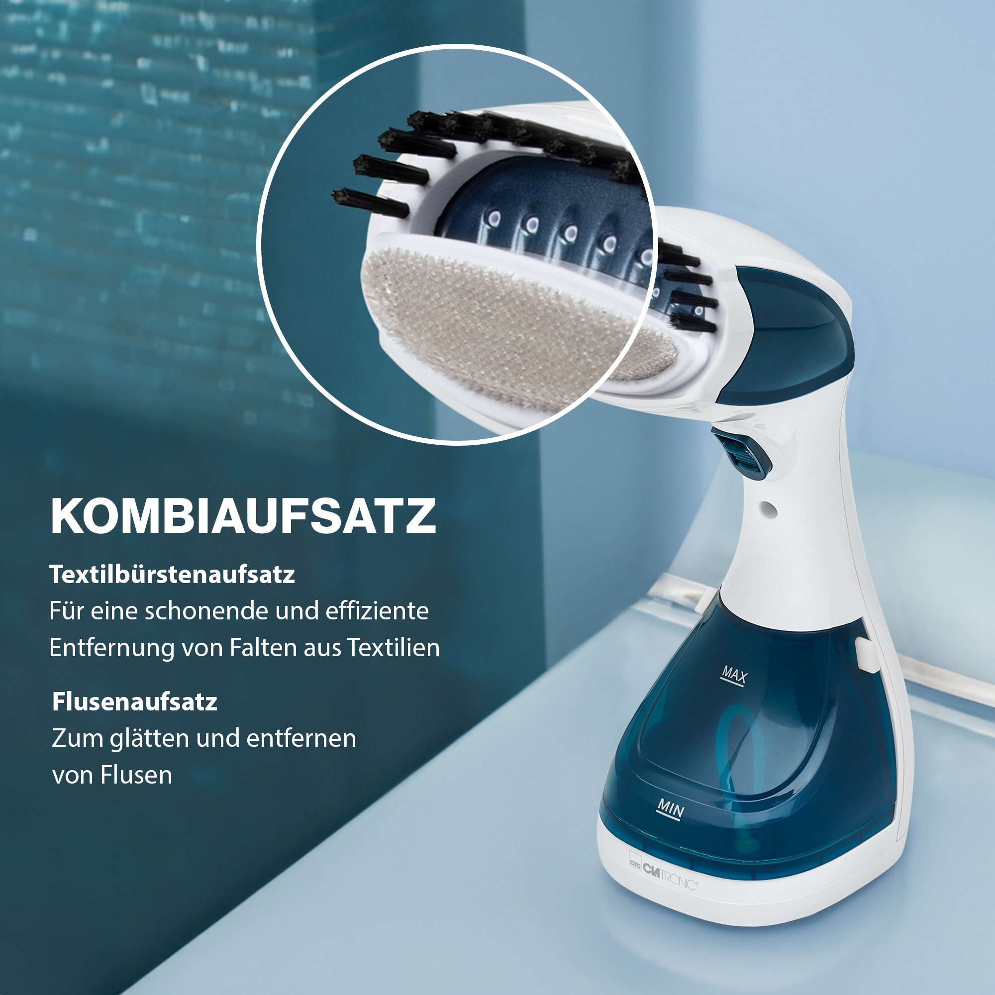 CLATRONIC Dampfglätter DB 3717, inkl. Bürsten- und Flusenaufsatz, 1100 W, weiß/blau