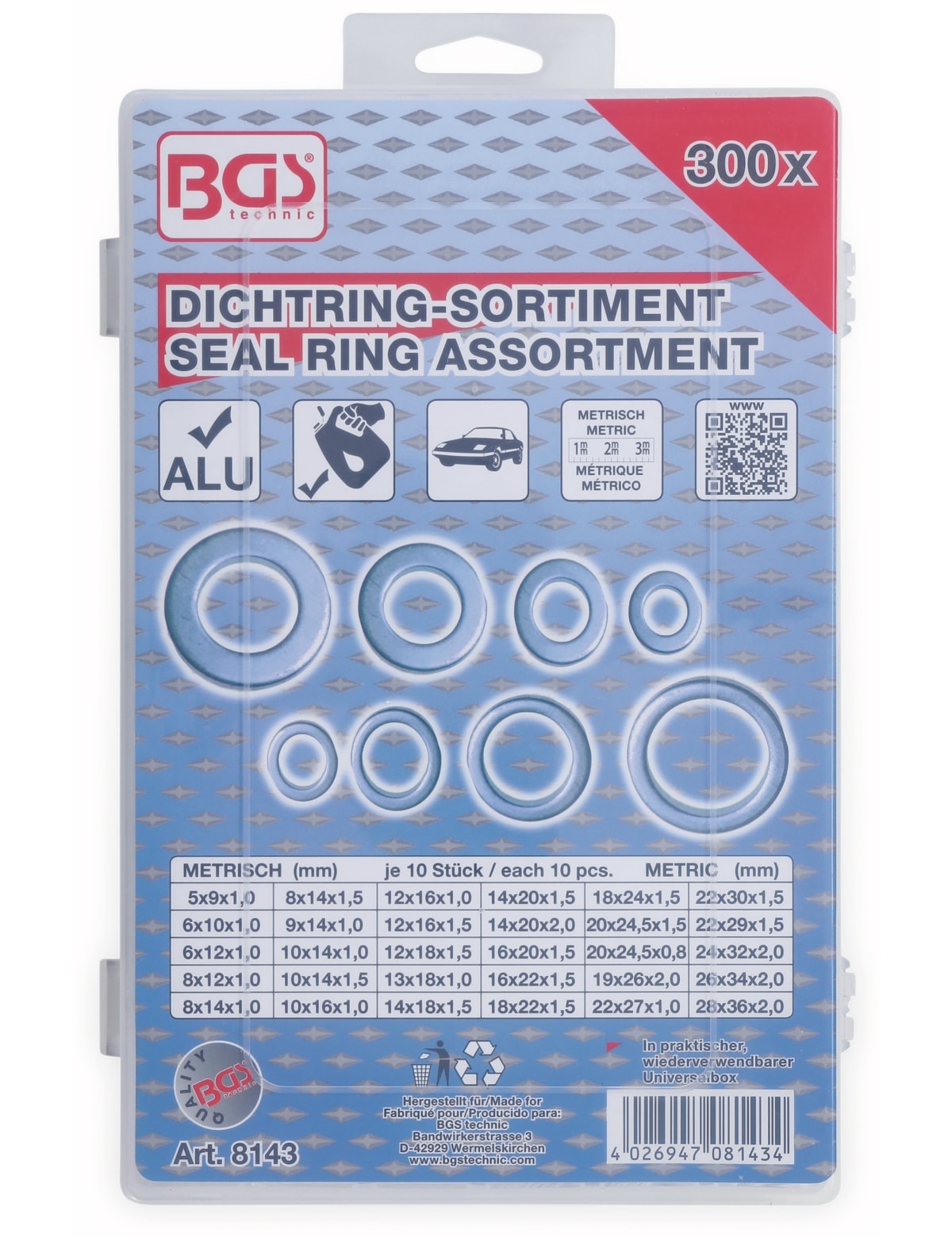 BGS TECHNIC Sort. Dichtring, 8143, Aluminium, 300-tlg