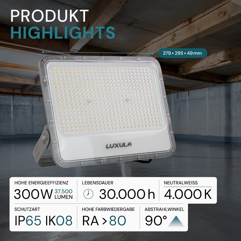 LUXULA LED-Fluter, EEK: E, 300W, 37500lm, 4000K, IP65, grau