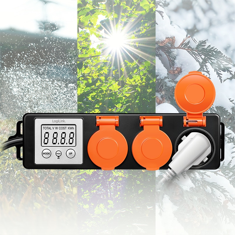 LOGILINK Außensteckdose mit Energiekostenmesser, 2,0"-LCD, Schutzklappe, 3-Fach