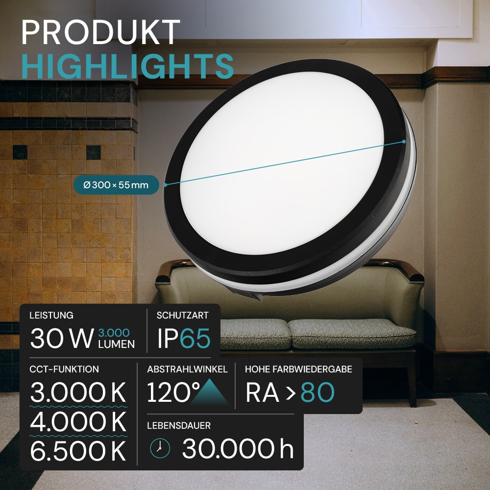 LUXULA LED-Deckenleuchte, 30W, EEK: F, 3000lm, CCT, IP65, schwarz/weiß