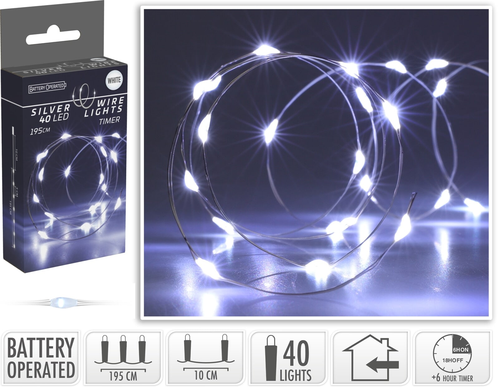 LED-Lichterkette kaltweiß, Batteriebetrieben, 40 LEDs, Silberdraht, Innen, 1,95m KOOPMAN LED-Lichterkette kaltweiß, Batteriebetrieben, 40 LEDs, Silberdraht, Innen, 1,95m
