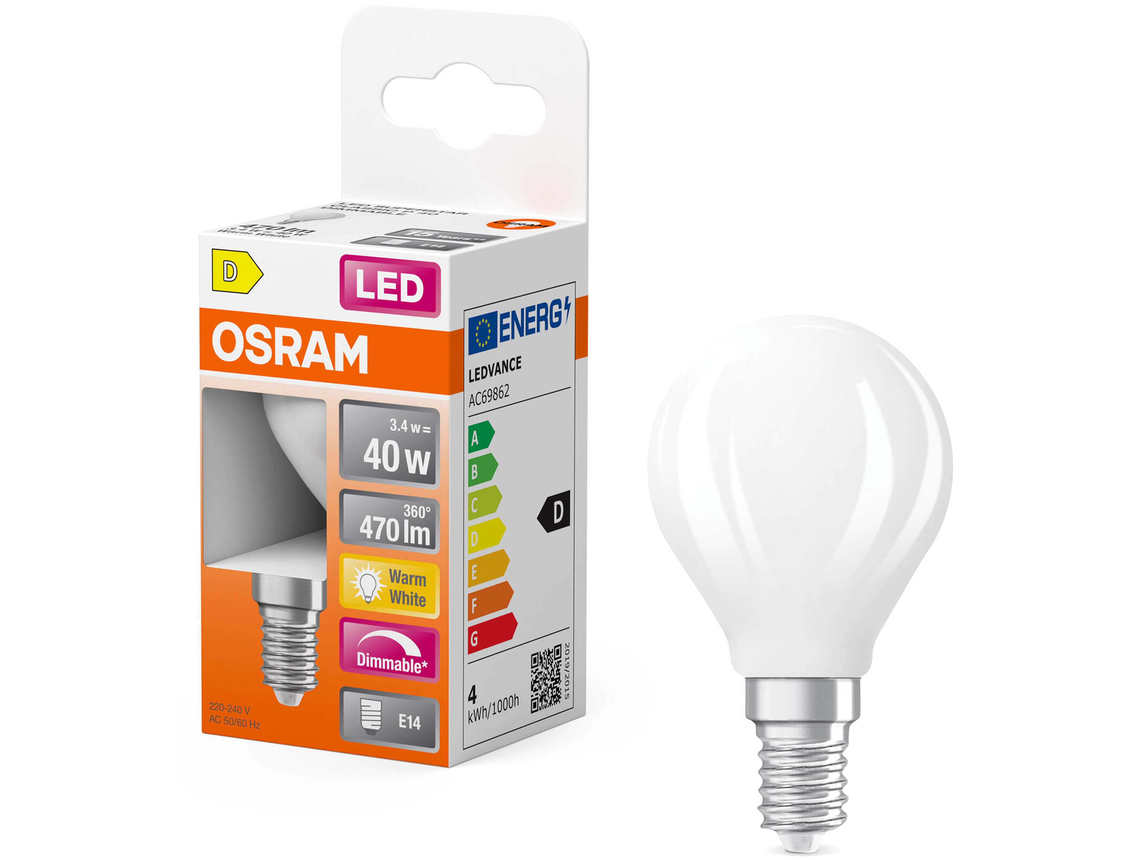 OSRAM LED-Lampe SUPERSTAR, dimmbar, E14, 3,4 W, 2700 K, EEK: D, 470 lm, warmweiß