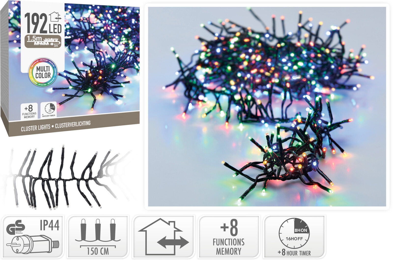 KOOPMAN LED-Clusterbeleuchtung Büschel bunt, 192 LEDs, schwarzes Kabel, Innen/Außen, 4,5m