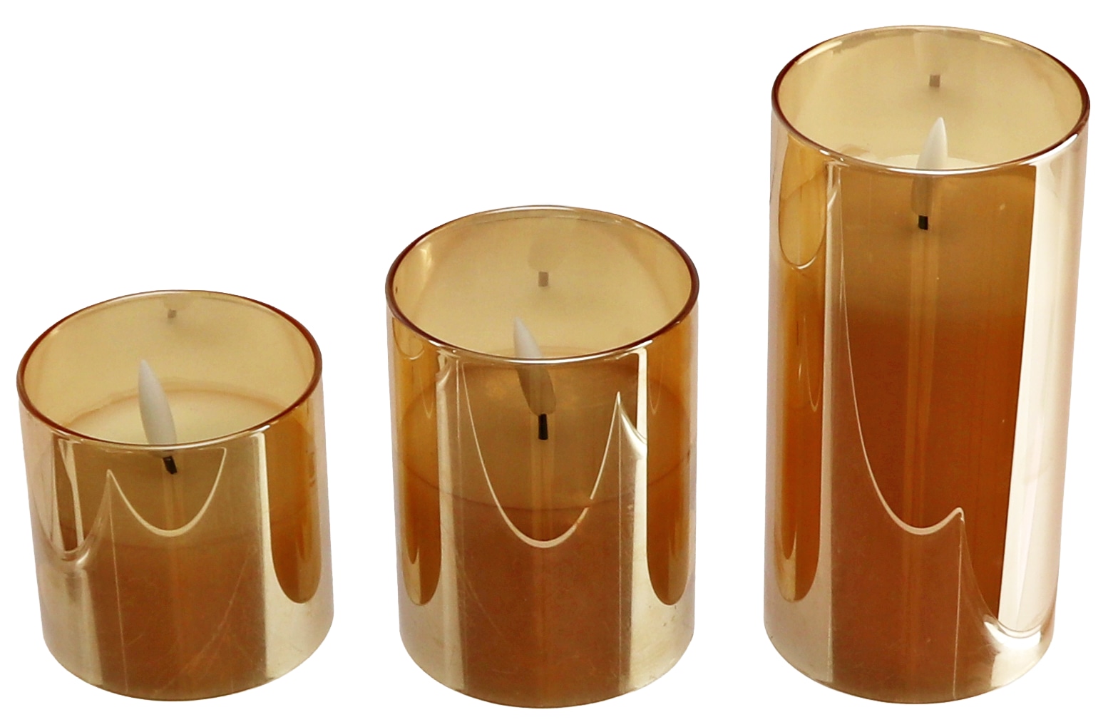 LED-Echtwachskerze, Glas, mit Timer, 3 Stück, gold LED-Echtwachskerze, Glas, mit Timer, 3 Stück, gold