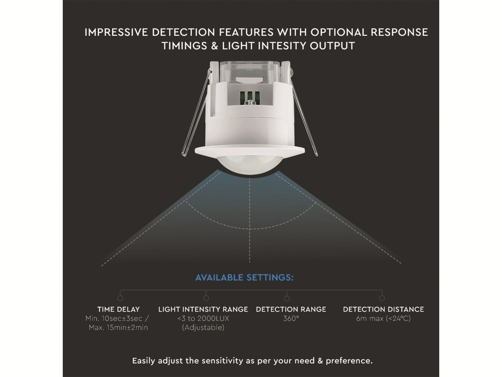 V-TAC Einbaubewegungsmelder VT-5090, 360°, IP20, weiß
