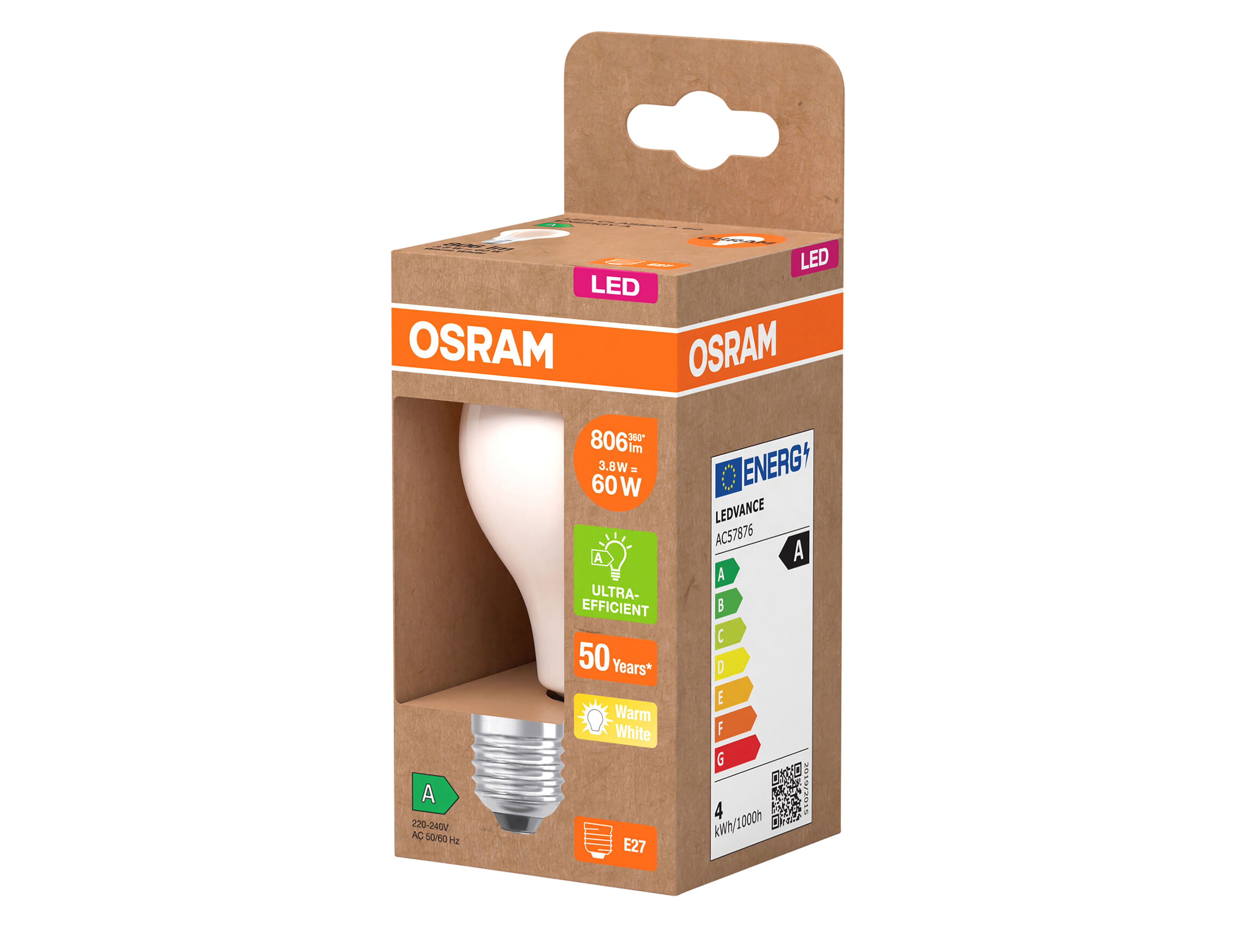 OSRAM LED-Lampe, Kolbenform, E27, 3,8 W, 2700 K, EEK: A, 806 lm, warmweiß