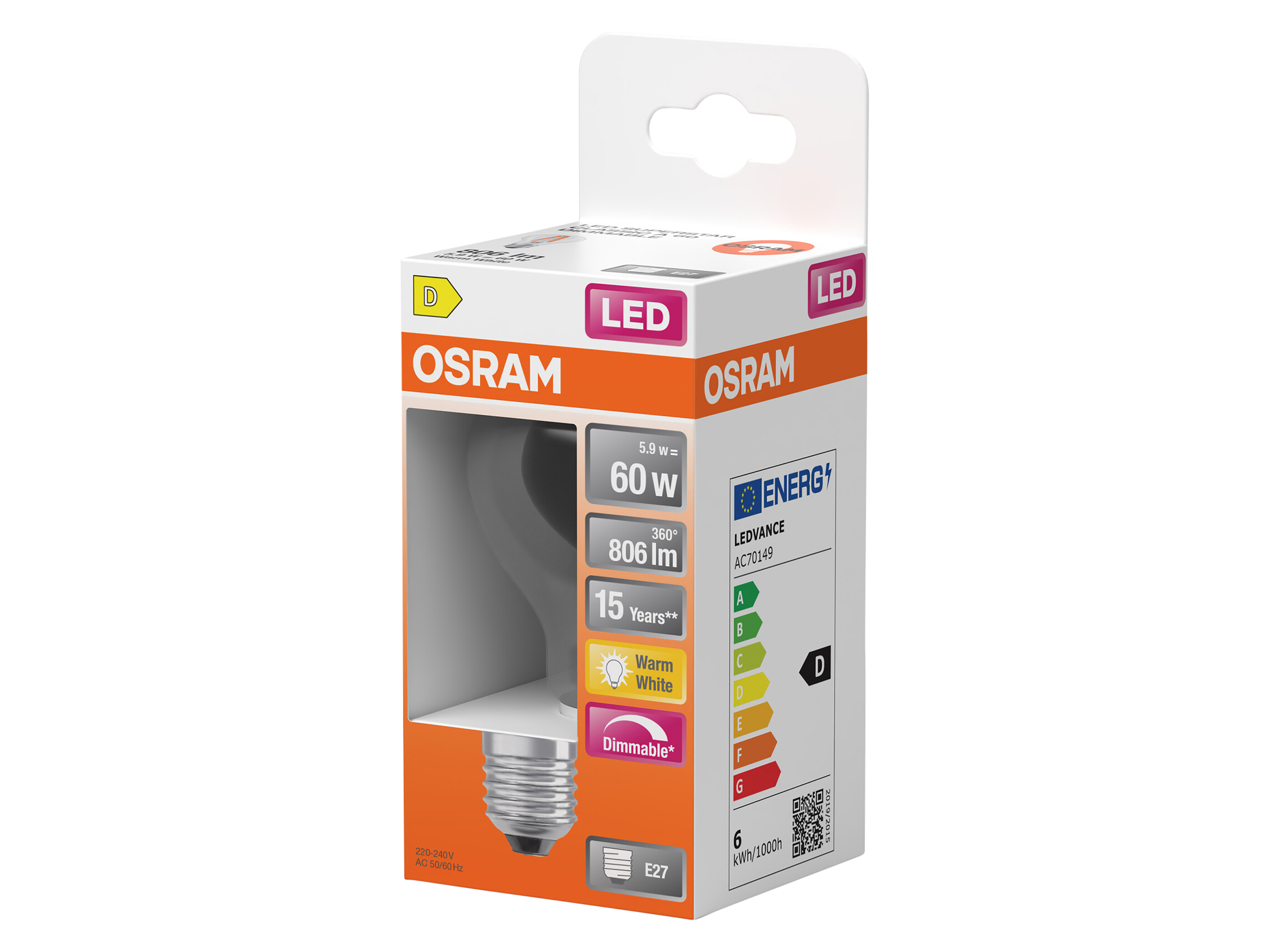 OSRAM LED-Lampe, dimmbar, E27, 5,9 W, 2700 K, EEK: D, 806 lm, warmweiß