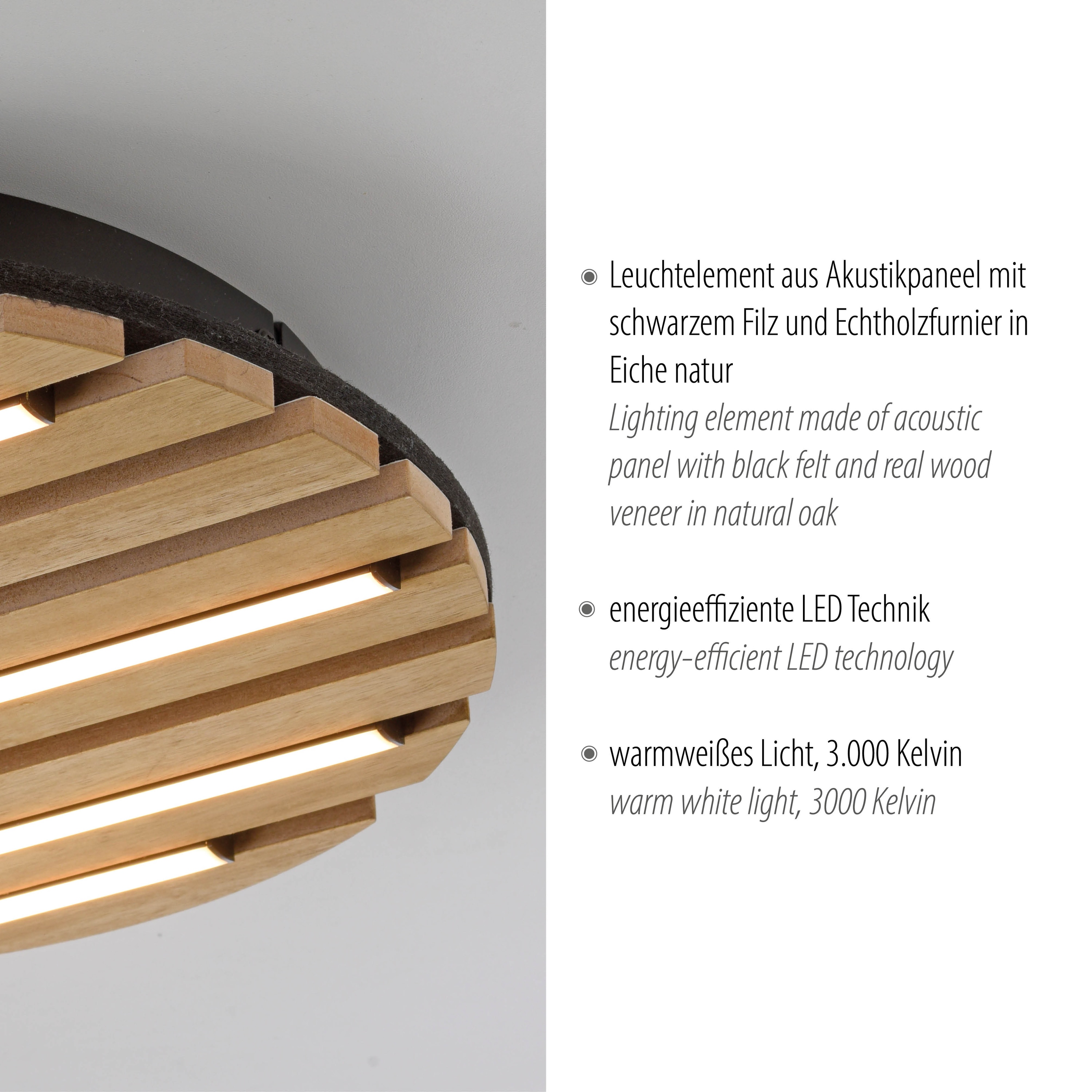 JUST LIGHT LED-Deckenleuchte 15592-79, 12W, 3000K, 1700lm, warmweiß, IP20, Holz/schwarz