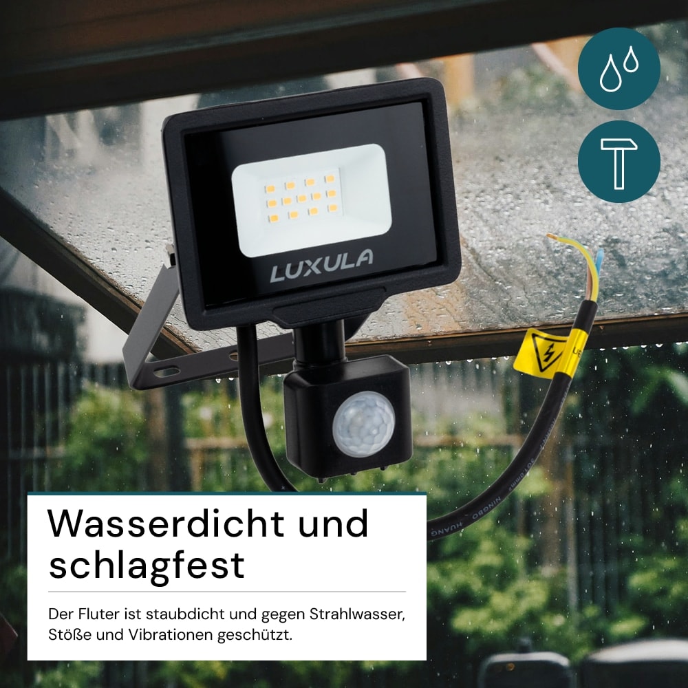 LUXULA LED-Fluter mit Bewegungsmelder, 10W, 1000lm, 4000K, Schwarz, IP65, 350° Erfassungsbereich LUXULA LED-Fluter mit Bewegungsmelder, EEK: F, 10W, 1000lm, 4000K, schwarz