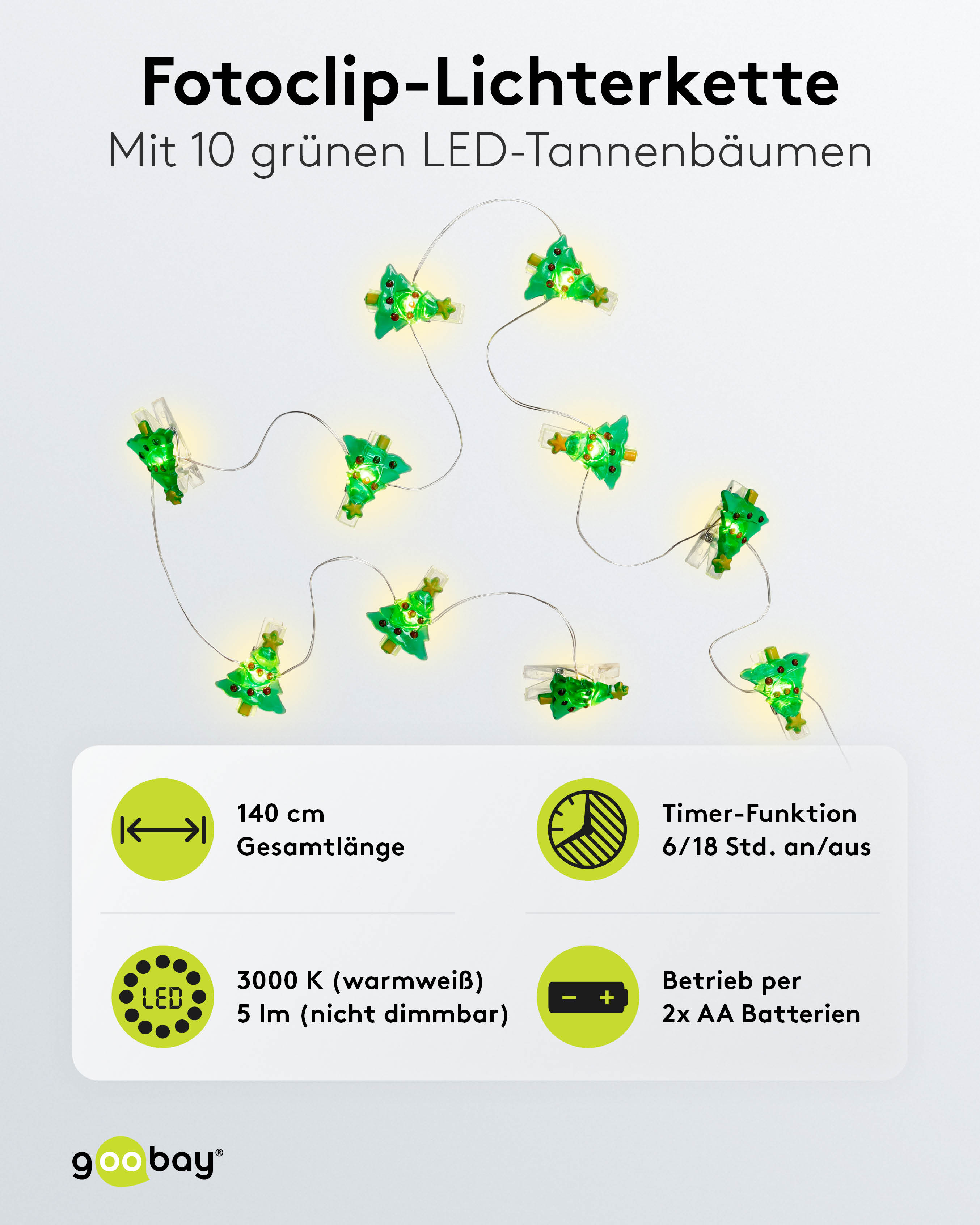GOOBAY LED-Fotoclips-Lichterkette "Tannenbaum", Timerfunktion, 10 LEDs, 140 cm