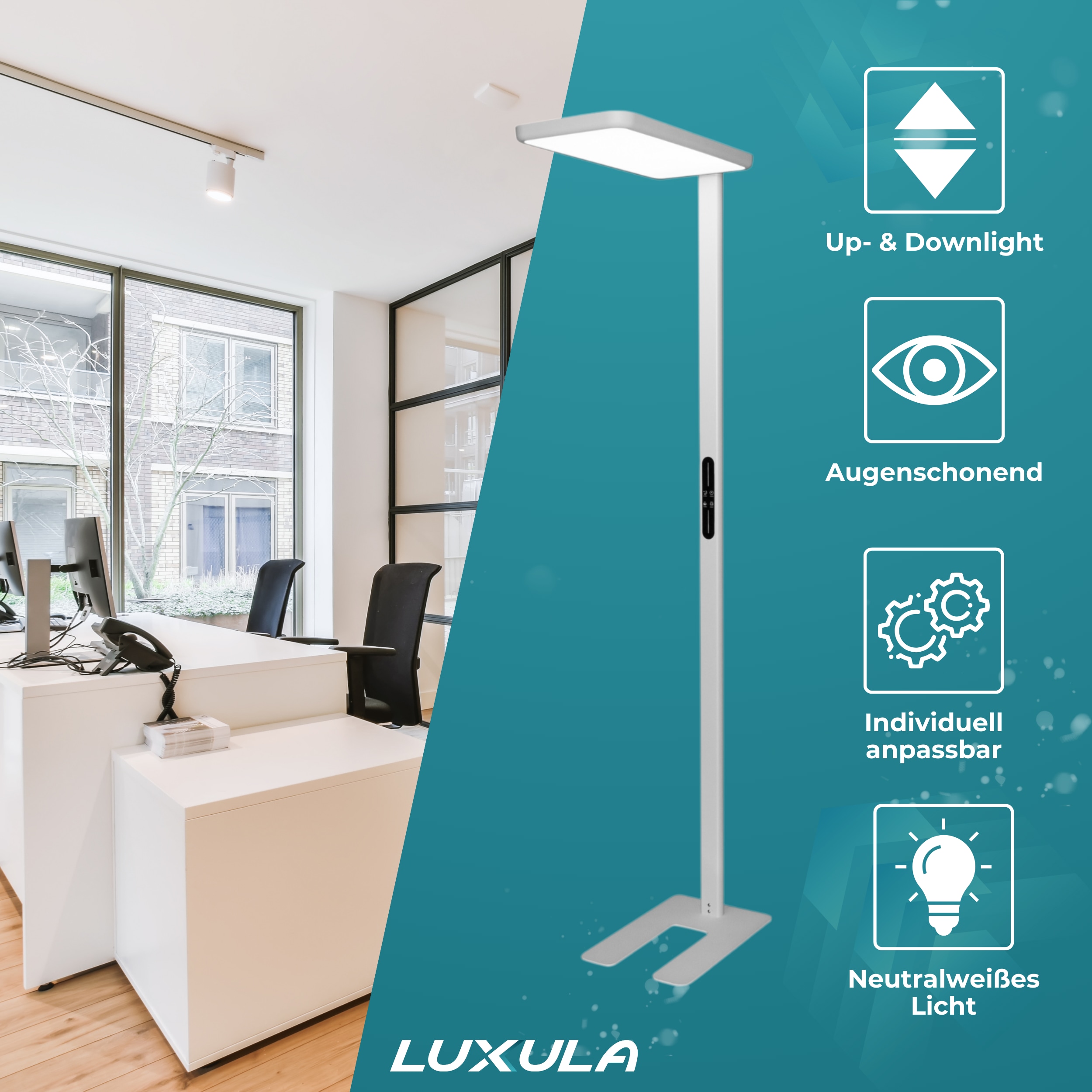 LUXULA LED-Büro-Stehleuchte, EEK: G, 100W, 7000lm, 4000K, weiß