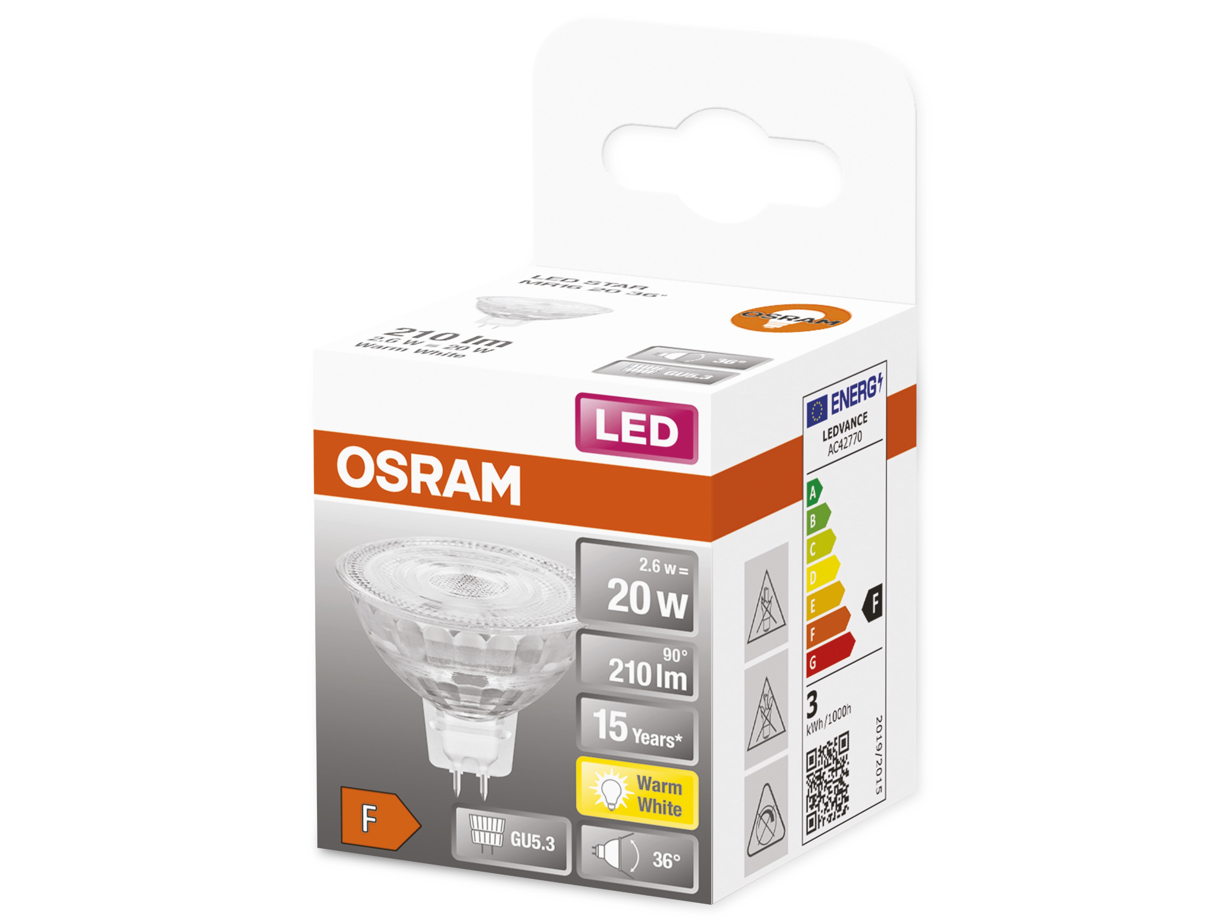 OSRAM LED-Lampe, PAR16, GU5.3, EEK: F, 2,6W, 210lm, 2700K