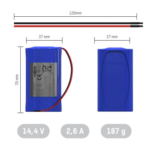 ANSMANN Li-Ion Akkupack mit Ausgangskabel, 4S1P, 37,44 Wh, 14,4 V, 2600 mAh