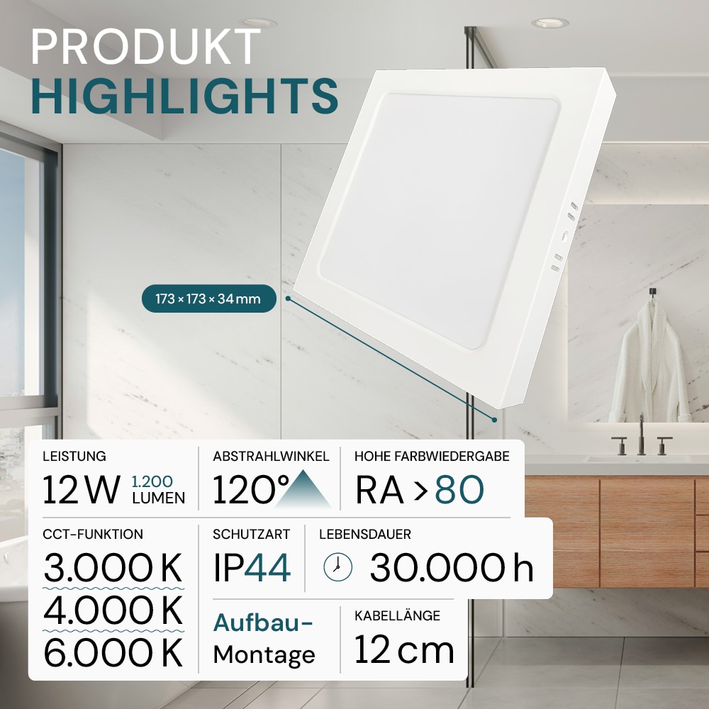 LUXULA LED-Deckenleuchte, 12W, EEK: F, 1200lm, CCT, IP44, quadrat, weiß