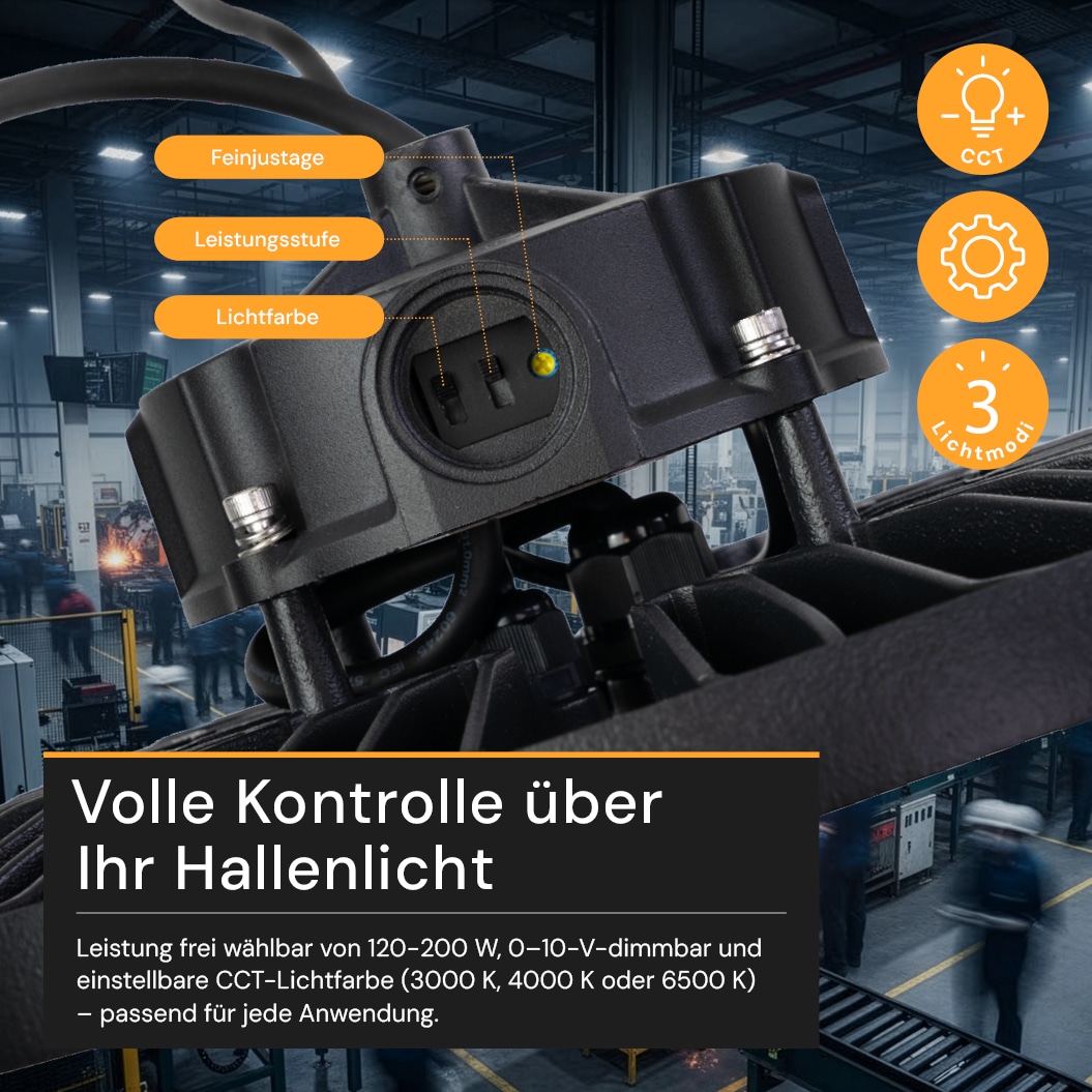 ENOVALITE LED-HighBay-Leuchte, UFO, 120...200 W, CCT, EEK: C, 19200...32000 lm, dimmbar, schwarz