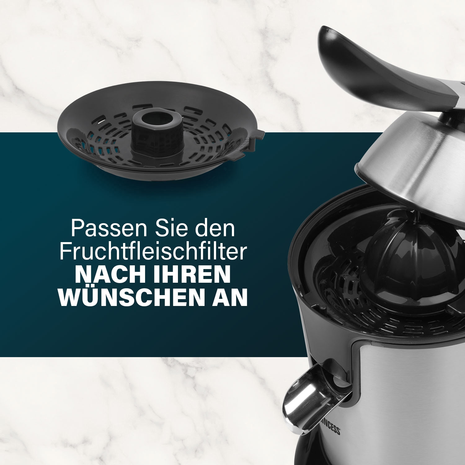PRINCESS Edelstahl-Zitrusfruchtpresse, 2 Presskegel, mit Filter, 100 W