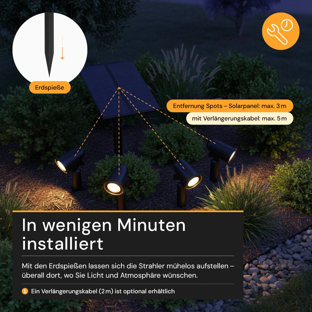 LUXULA Solar LED-Gartenleuchten Set, 5W, 3000K, 200lm, warmweiß, IP54, schwarz, 4 Stück